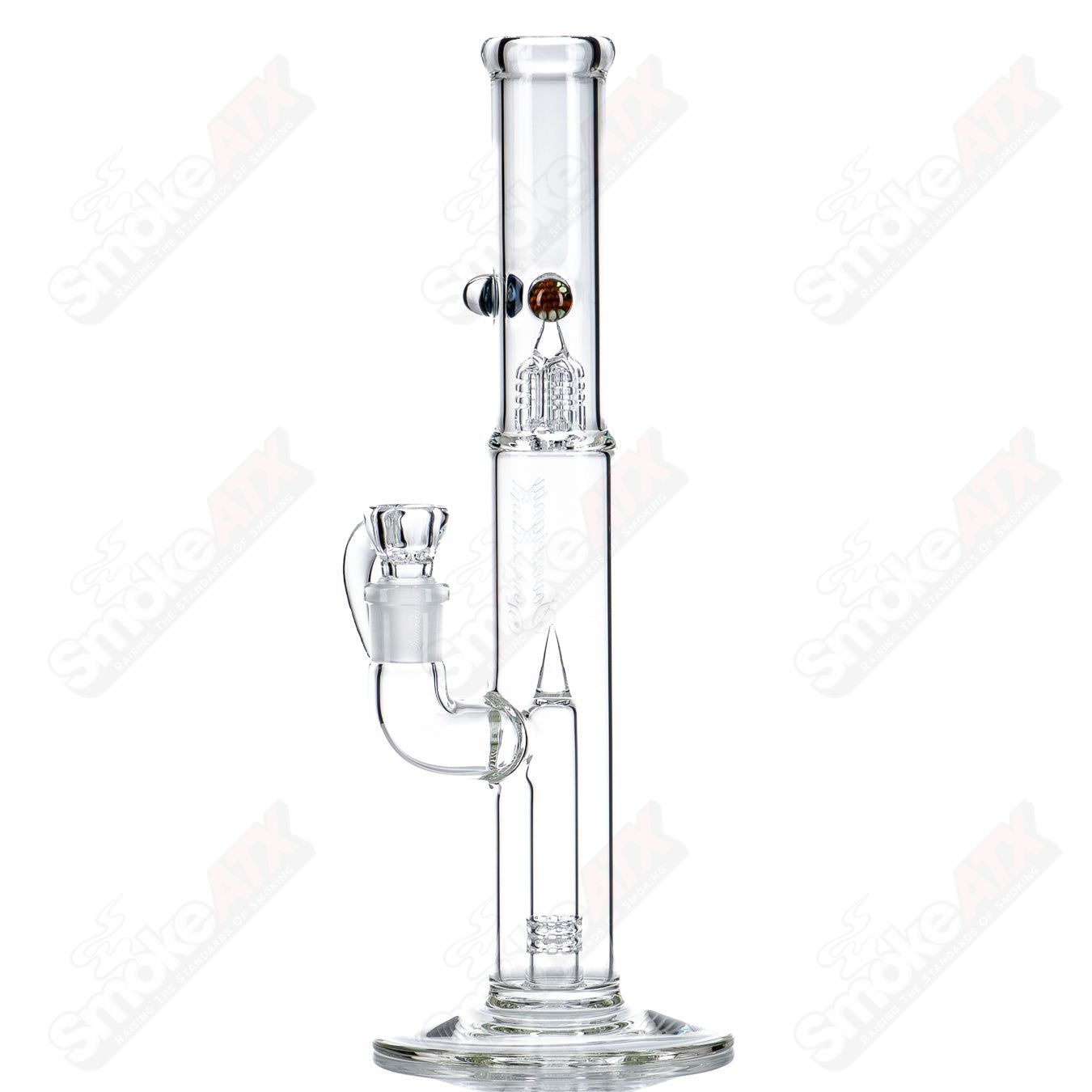 Clear Pawn Fixed 360 straight glass tube with two millie beads by Sovereignty Glass, designed for smooth smoking experience.