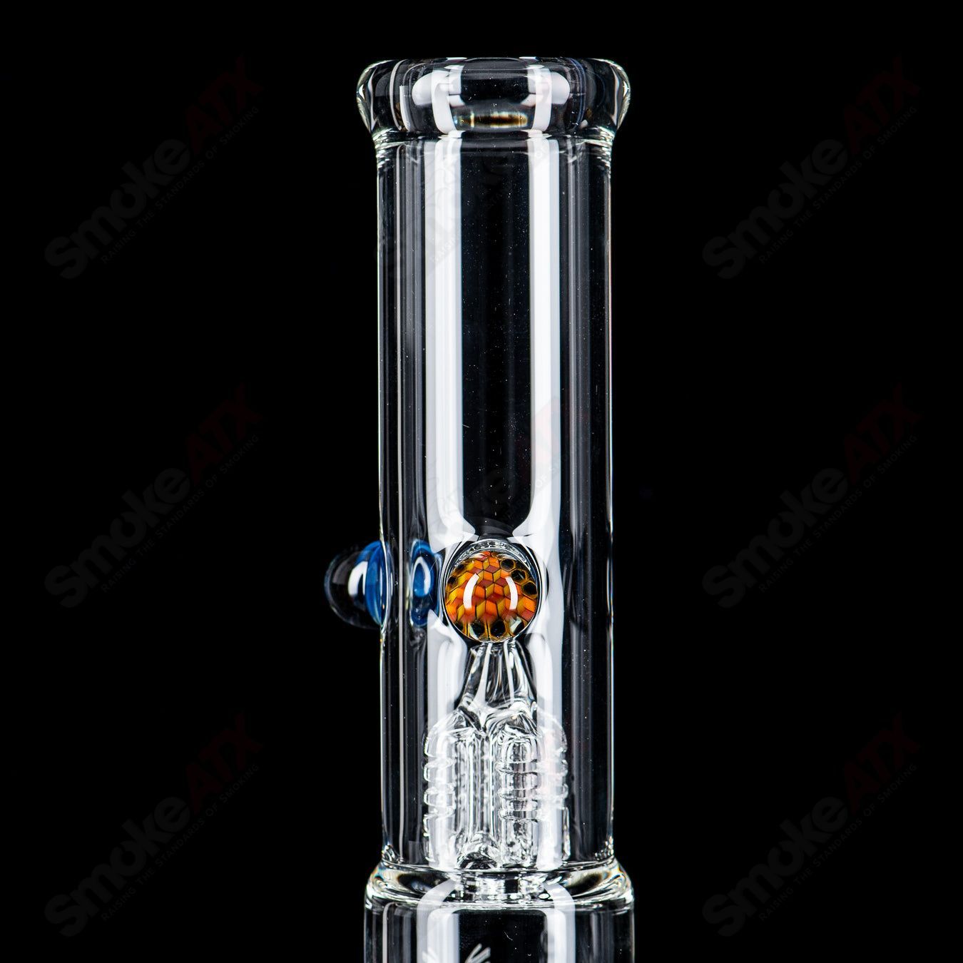 Clear Pawn Fixed 360 glass straight tube with two Millies from Sovereignty Glass, featuring a sleek, straight design and precise craftsmanship.