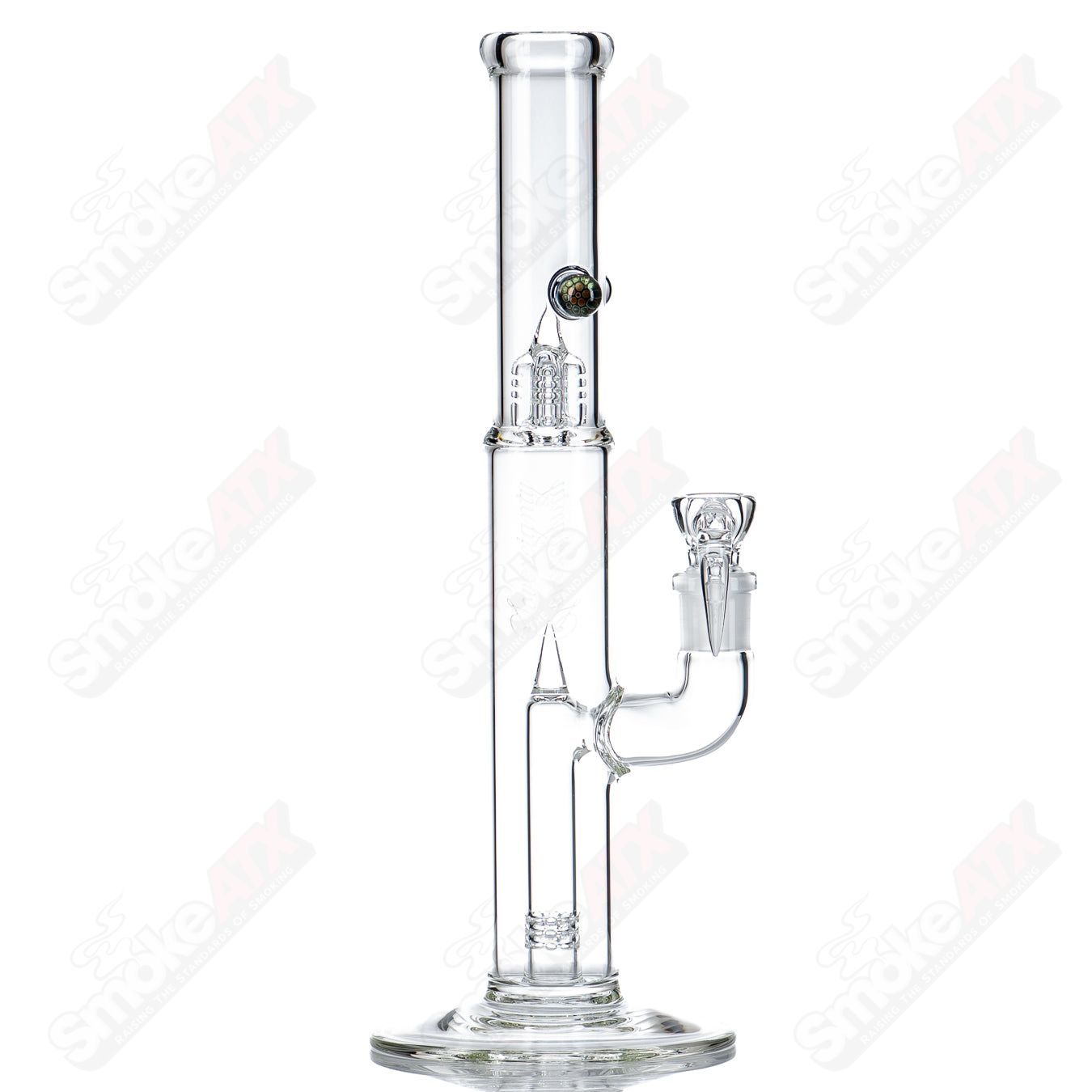 Clear Pawn Fixed 360 glass straight tube with two Milly-style percs by Sovereignty Glass, showcasing smooth design and craftsmanship.