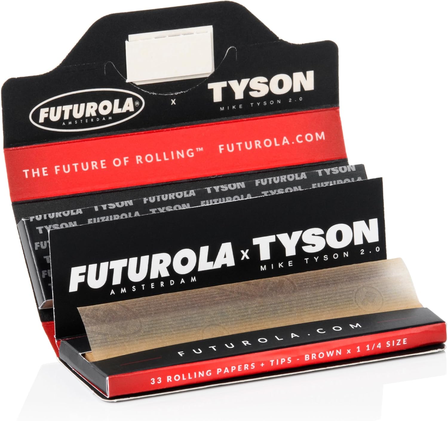 Futurola Tyson 1 1/4 rolling papers with tips for rolling cigarettes or joints, displayed with papers and tips in a natural setting.