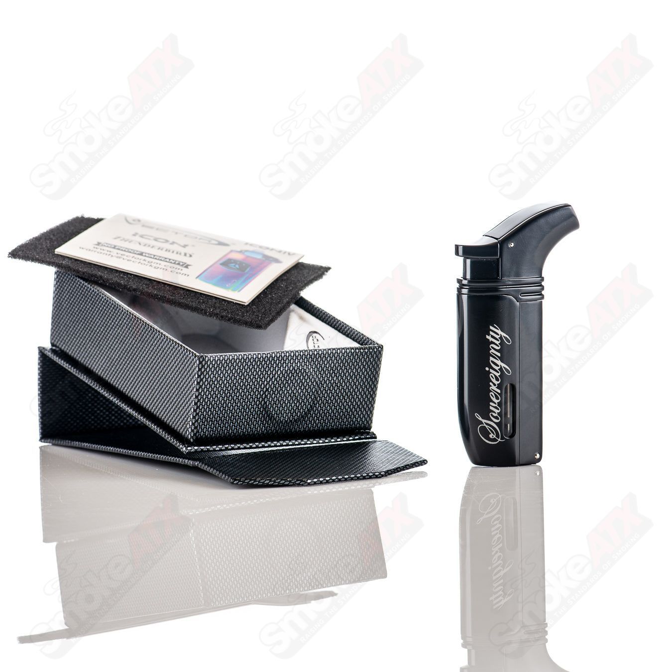 Smoke ATX Vector Arsenal Torch Lighter Sovereignty #6, 420 Products, with a sleek black and metallic design, flame visible.
