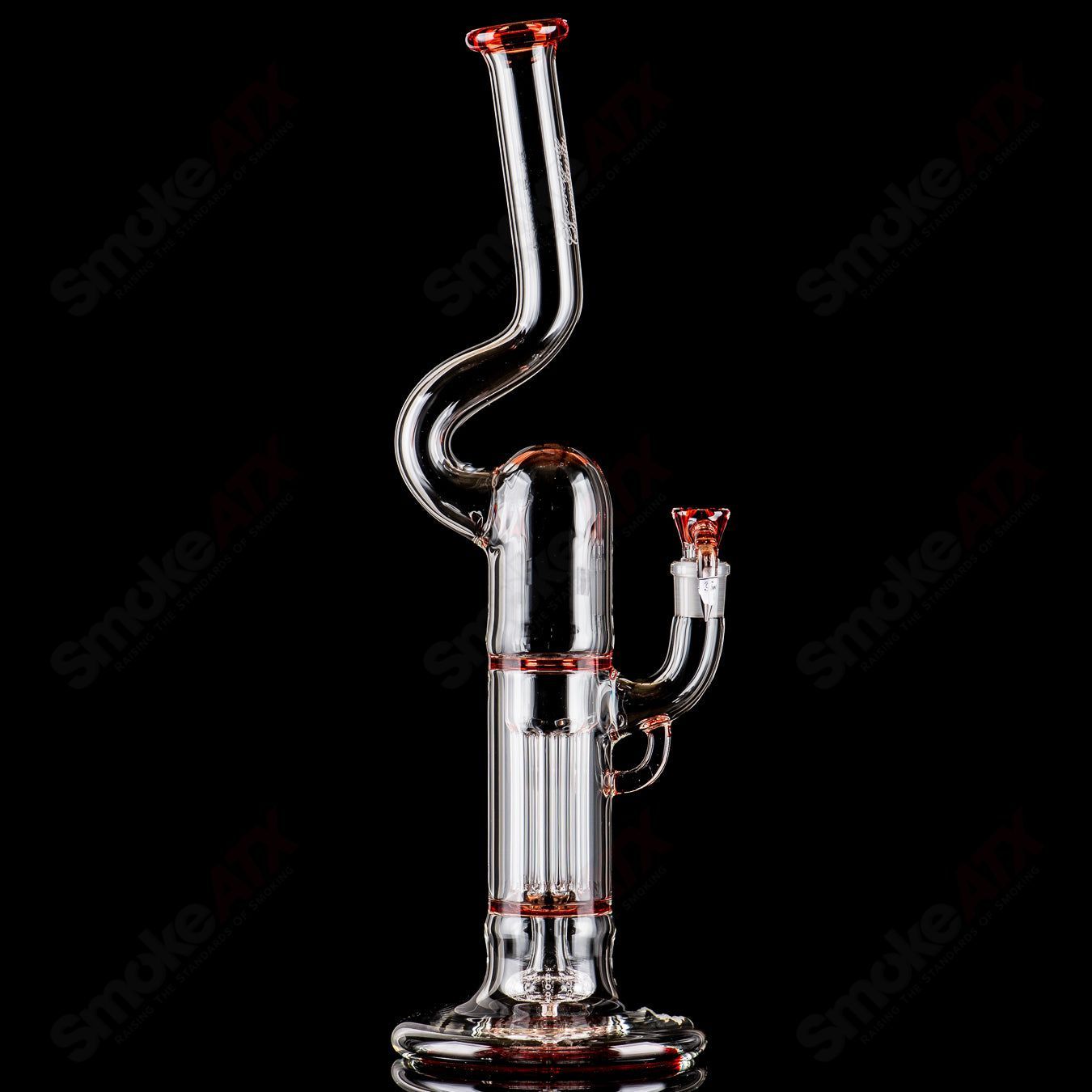 Sovereignty Glass heady straight tube with pillar design, hollow foot, full accent, and sealed decorative accents.