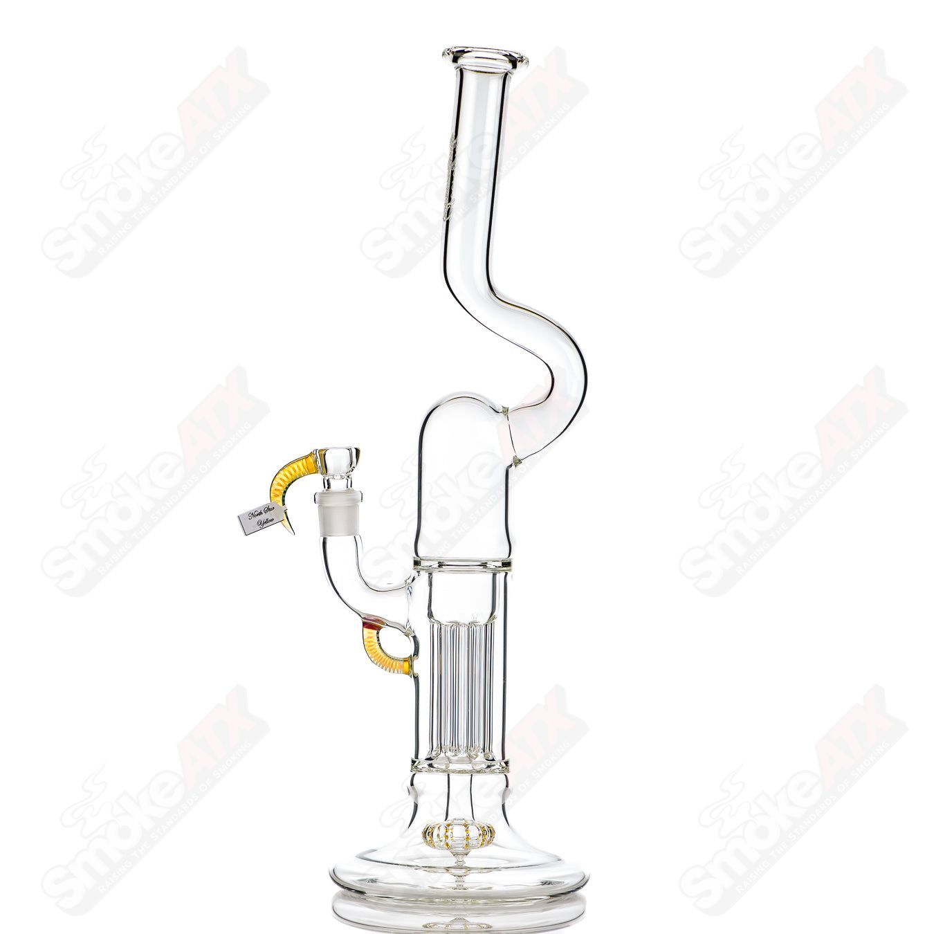 Sovereignty Glass Pillar Natty Neck Hollow Foot Partial Accent in North Star Yellow, showcasing vibrant glass art with intricate design.
