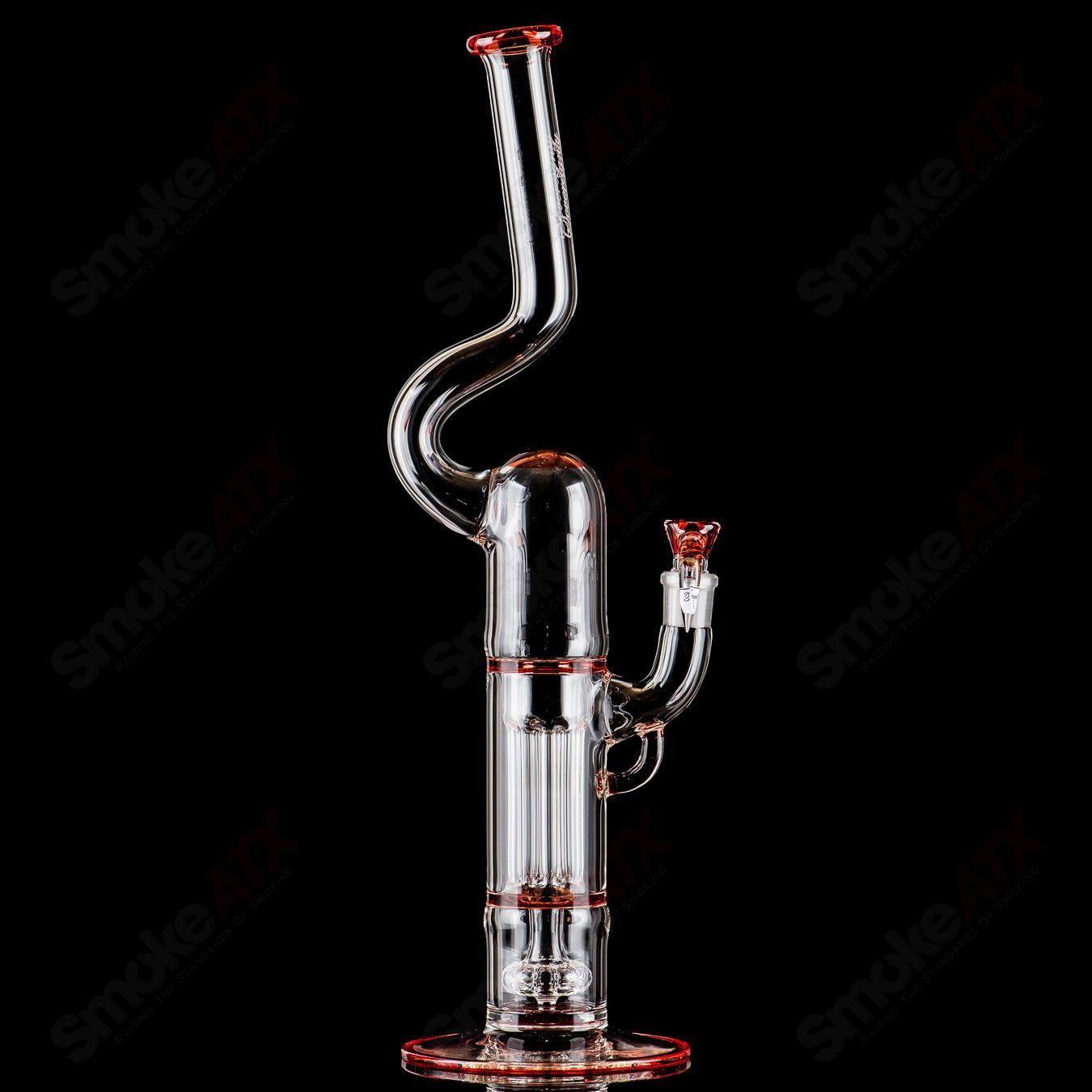 Heady glass pillar natty neck ash catcher with solid foot and accented seals, designed by Sovereignty Glass.