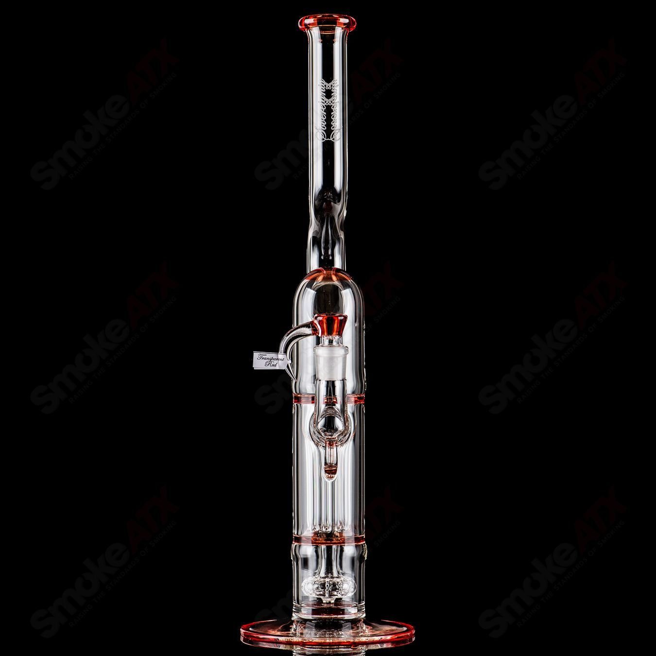 Sovereignty Glass Pillar Natty Neck solid foot heady glass pipe with accented seals and full accent details, showcasing intricate design.