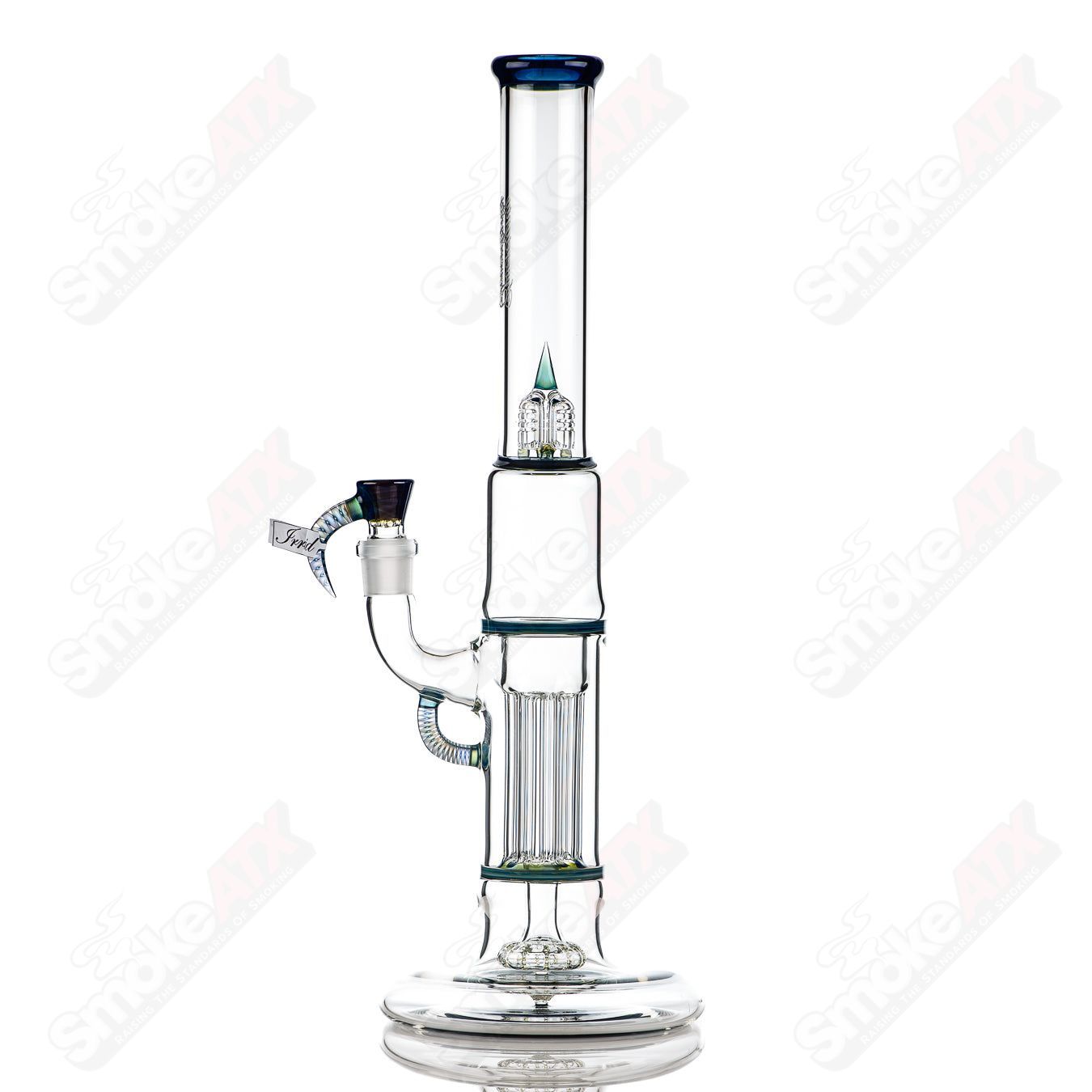 Sovereignty Glass pillar straight-neck hollow foot tube with accented seals and iridized finish, showcasing intricate design details.