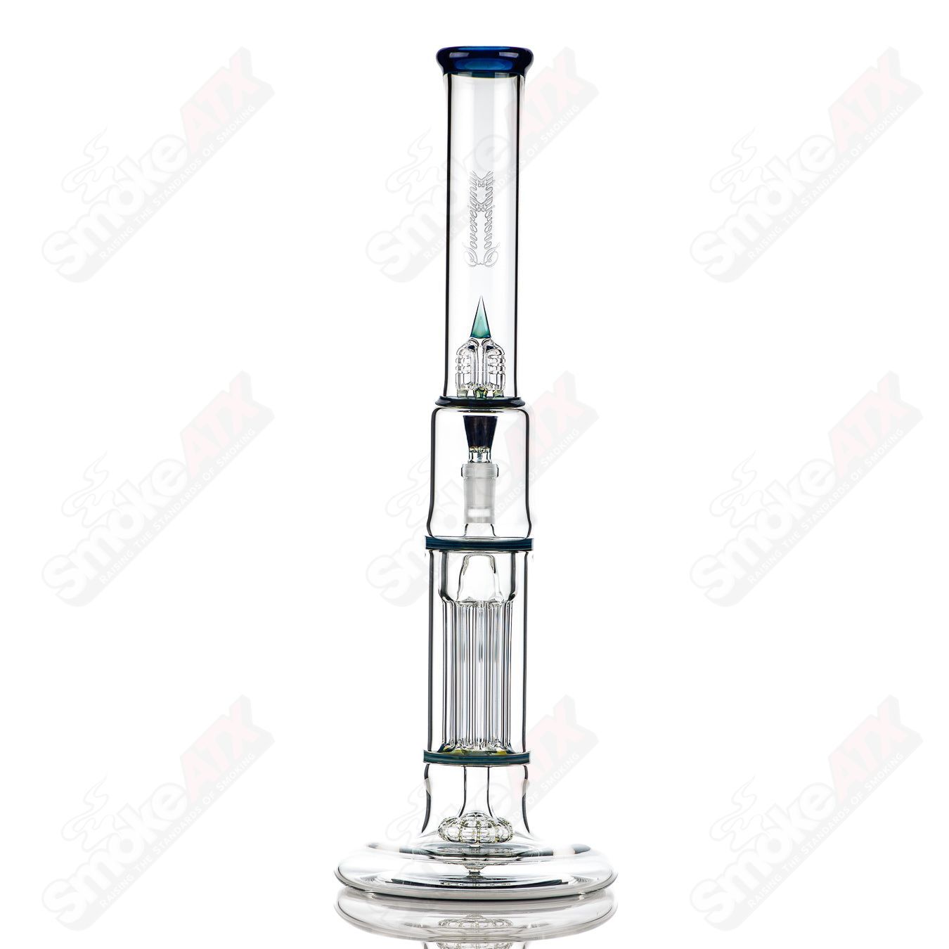 Sovereignty Glass pillar straight-neck hollow foot tube with accented seals and iridized finish, showcasing elegant design details.