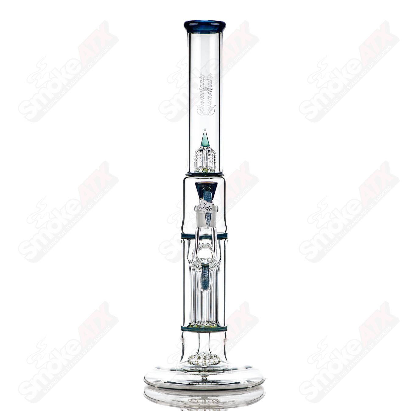 Sovereignty Glass pillar straight-neck hollow foot tube with accented seals, Irid finish, showcasing intricate design details.