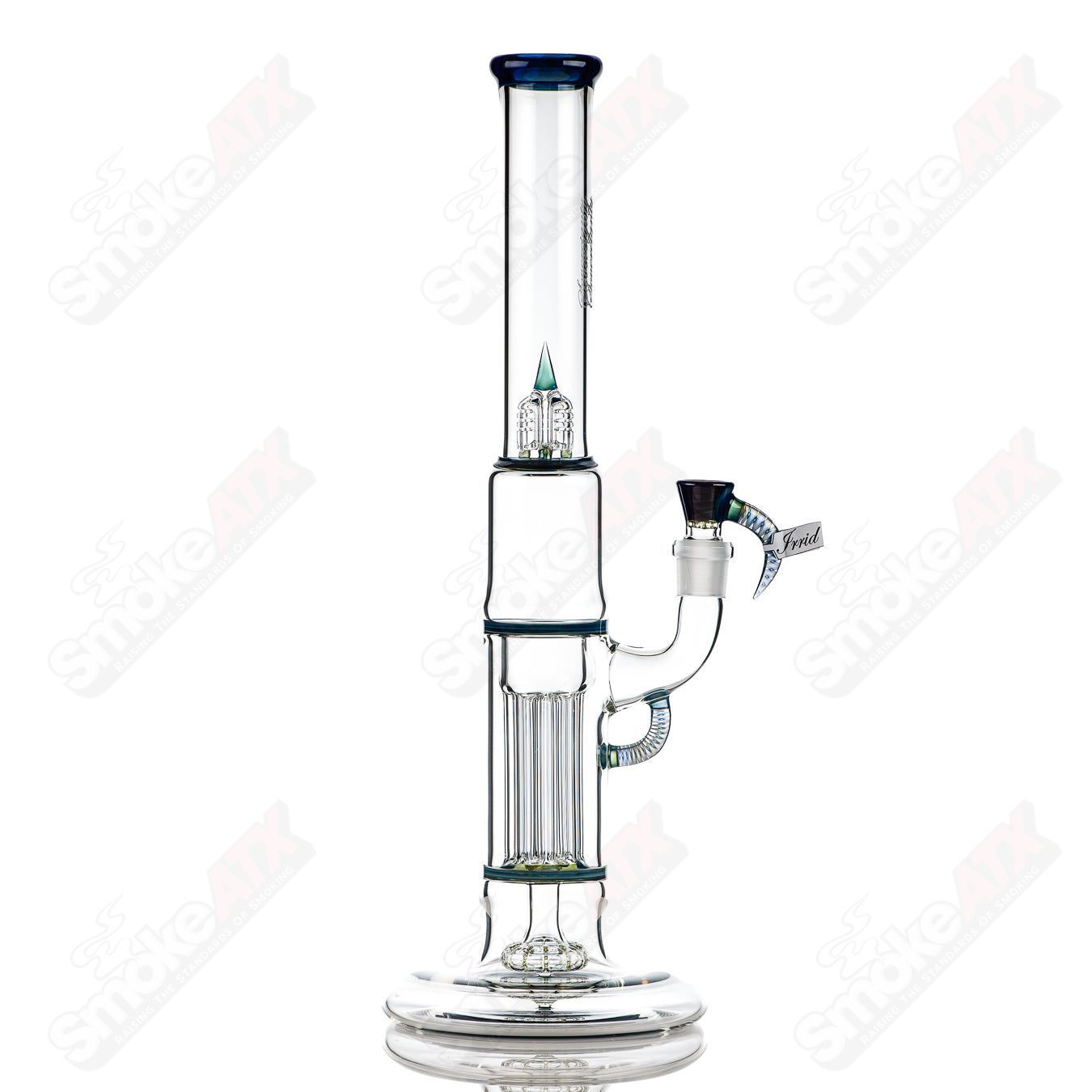 Sovereignty Glass pillar straight-neck hollow foot tube with accented seals and iridized finish, showcasing intricate design details.