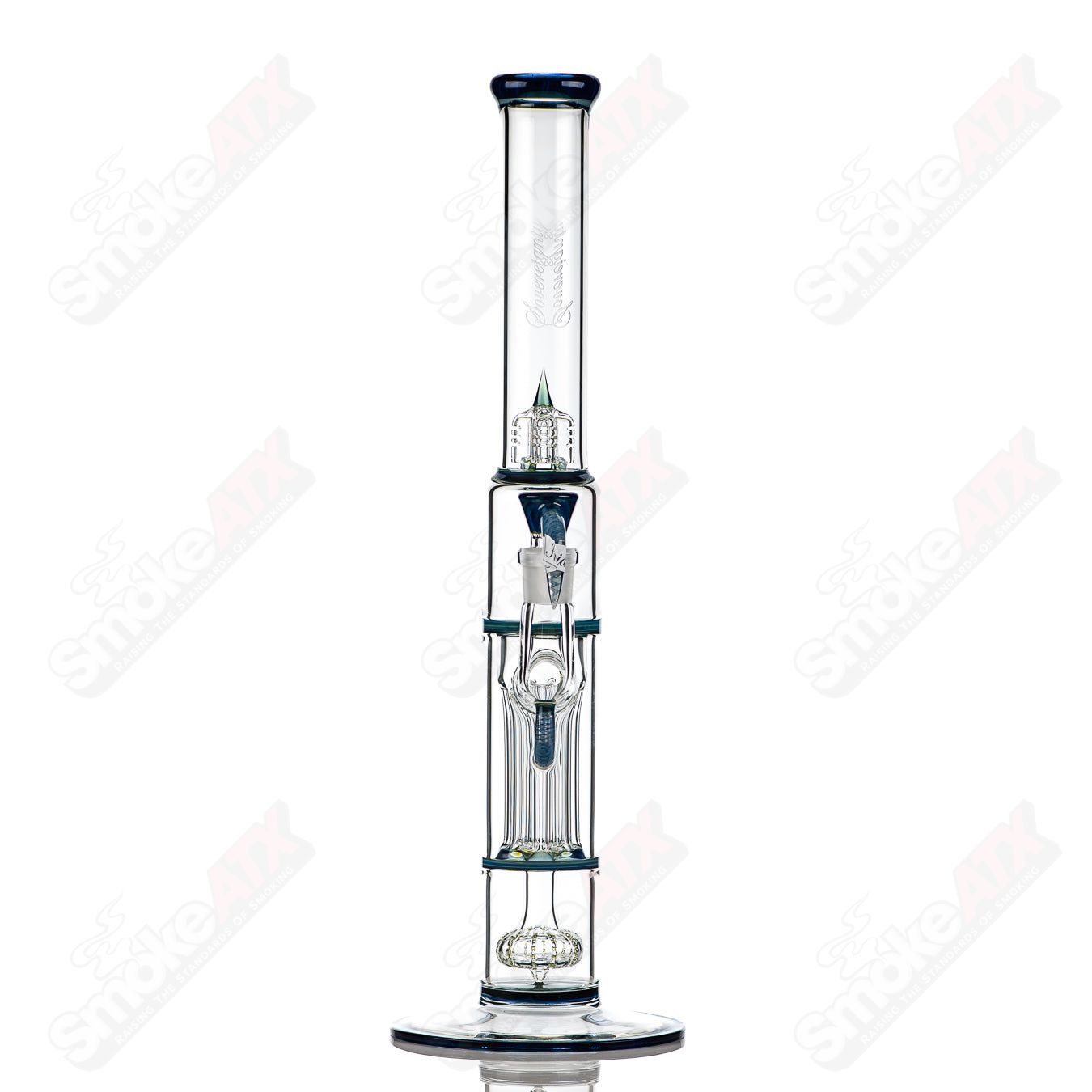 Sovereignty Glass pillar straight-neck tube with solid foot, irid accents, and sealed design, showcasing intricate glasswork and vibrant finishes.