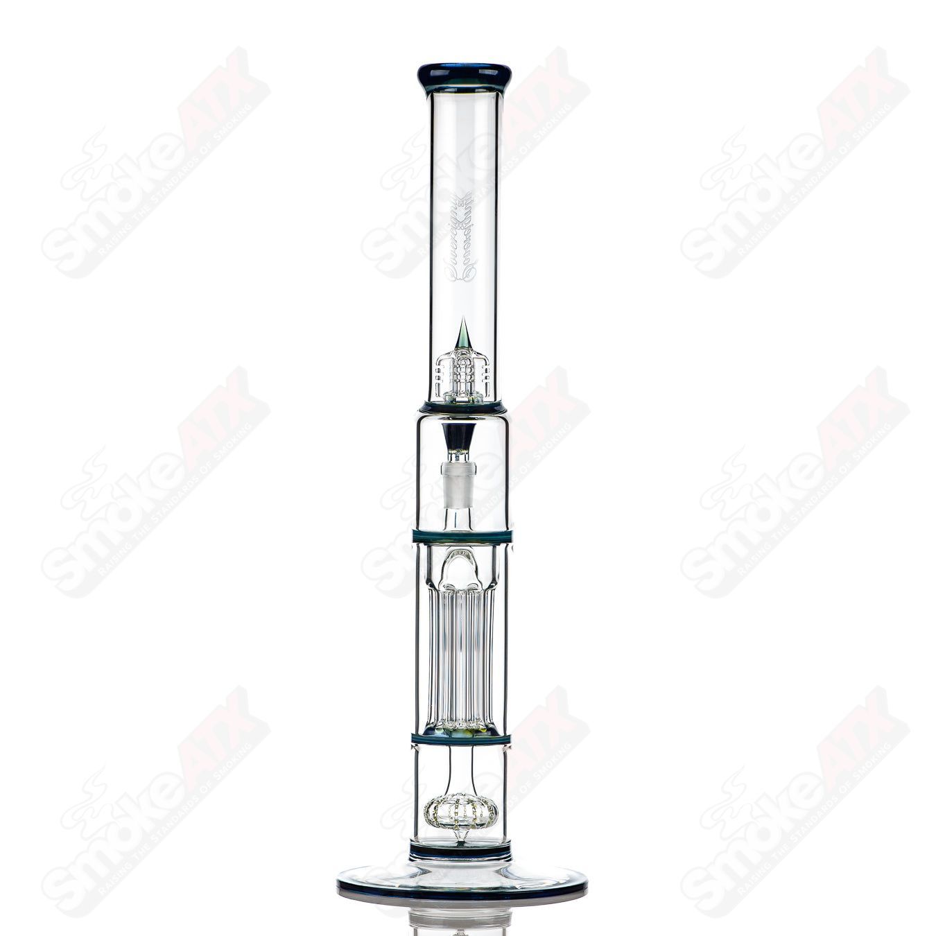 Sovereignty Glass pillar straight neck tube with solid foot and accented seals, featuring iridescent finish, size Sovereignty.