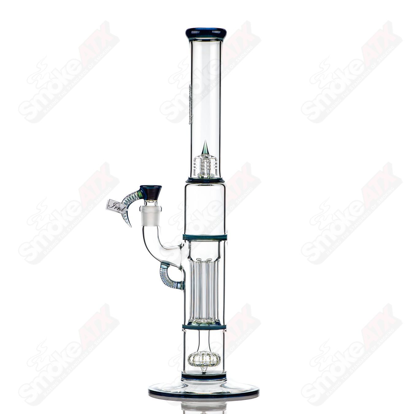 Sovereignty Glass pillar straight-neck tube with solid foot, full accent seals, and iridized finish, showcasing intricate details.