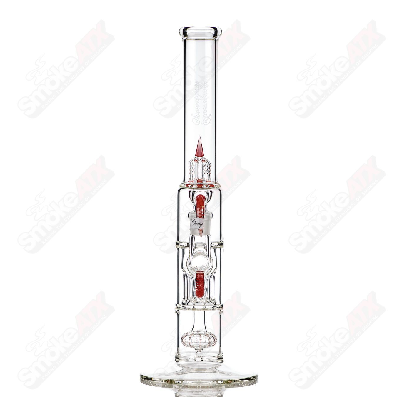 Sovereignty Glass pillar straight-neck clear glass with solid foot and cherry accent, pint size, partial accent tube.