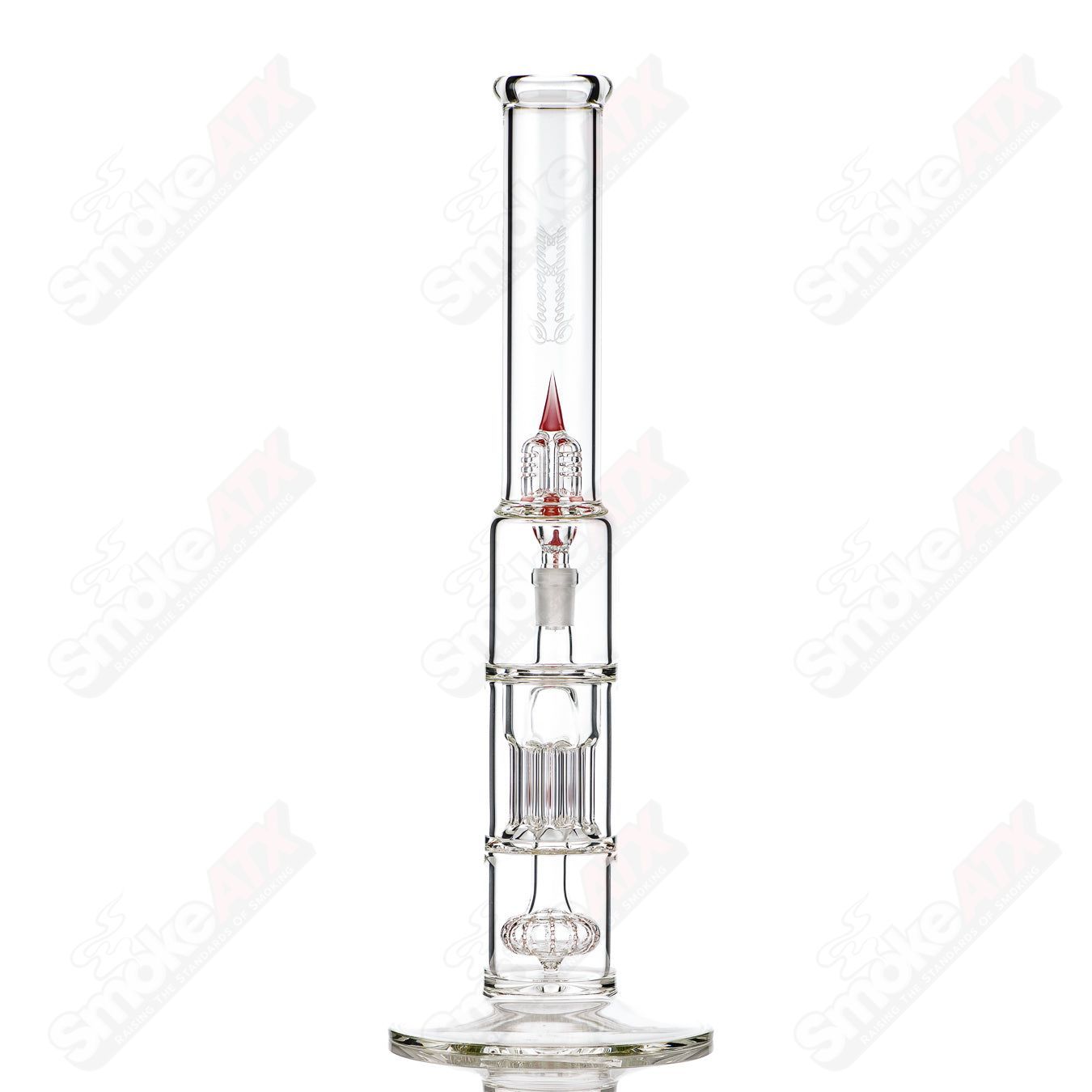 Sovereignty Glass pillar straight neck with solid foot, pint size partial accent in cherry color, clear glass tube for decorative use.