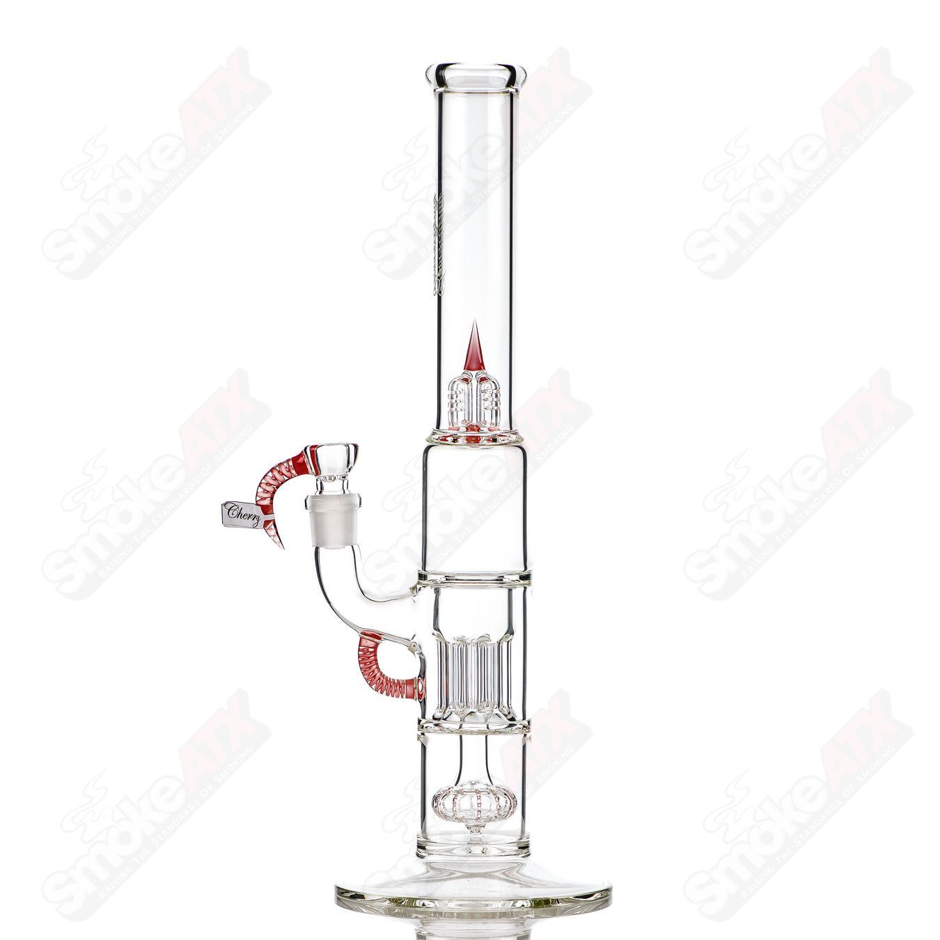 Sovereignty Glass pillar straight-neck tube with solid foot, cherry finish, pint size, partial accent, clear glass features.