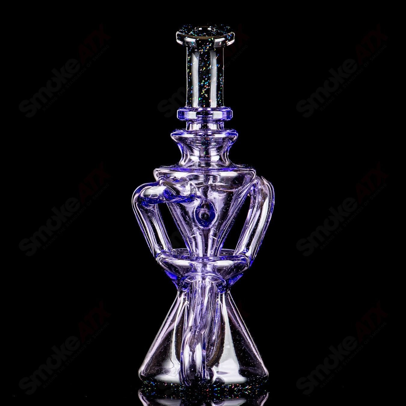 Pink and crushed opal mini recycler concentrate rig by Captn Chronic, featuring vibrant pink glass and intricate design details.
