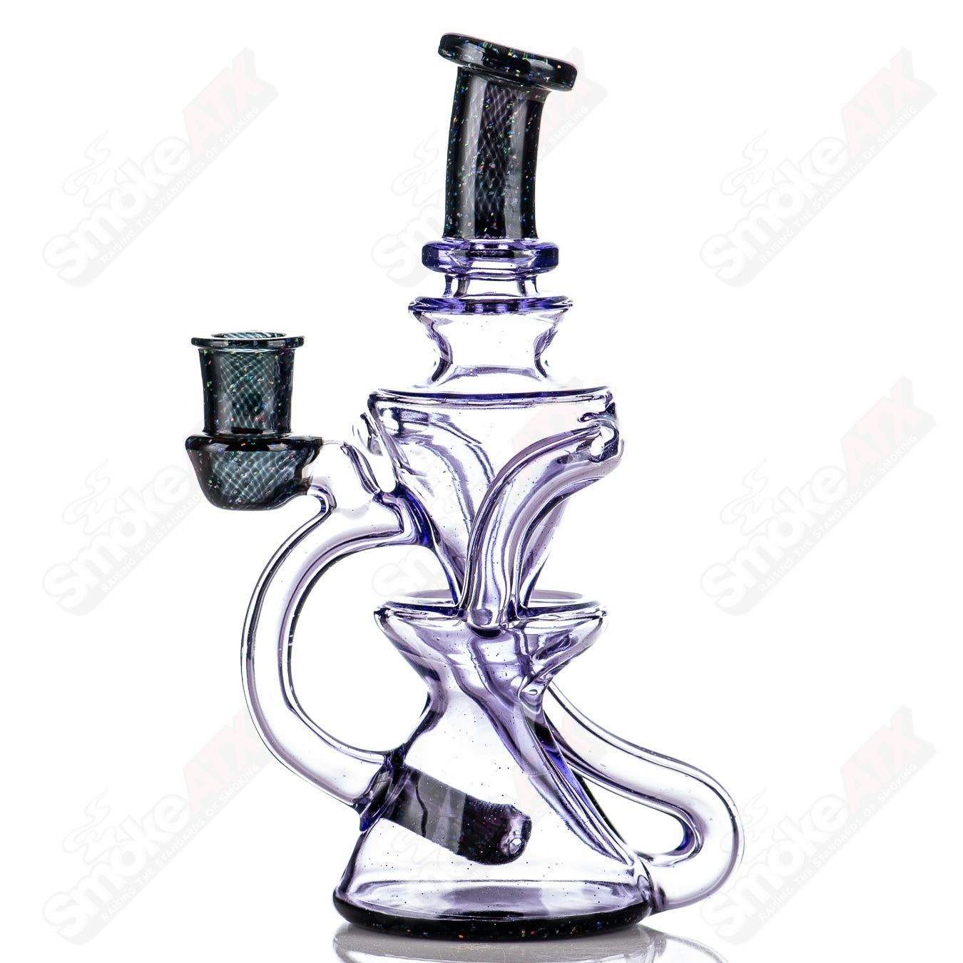 Pink and crushed opal mini recycler concentrate rig by Captn Chronic, featuring vibrant glass design and intricate details.
