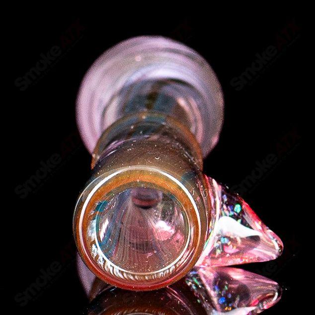 Pink heady glass chillum with crushed opal design by JMass, showcasing a smooth, colorful glass pipe for smoking.