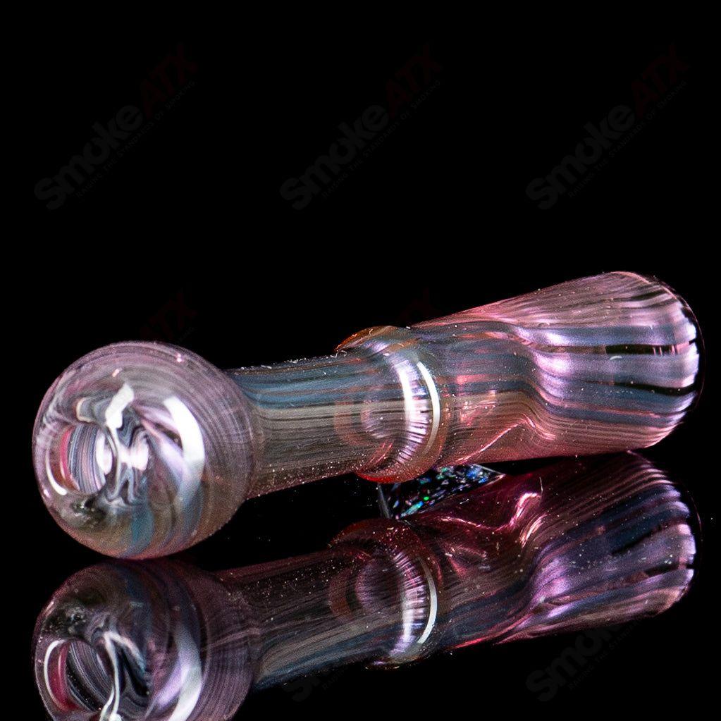 Pink chillum with crushed opal design by JMass, made of heady glass, showcasing vibrant color and intricate craftsmanship.