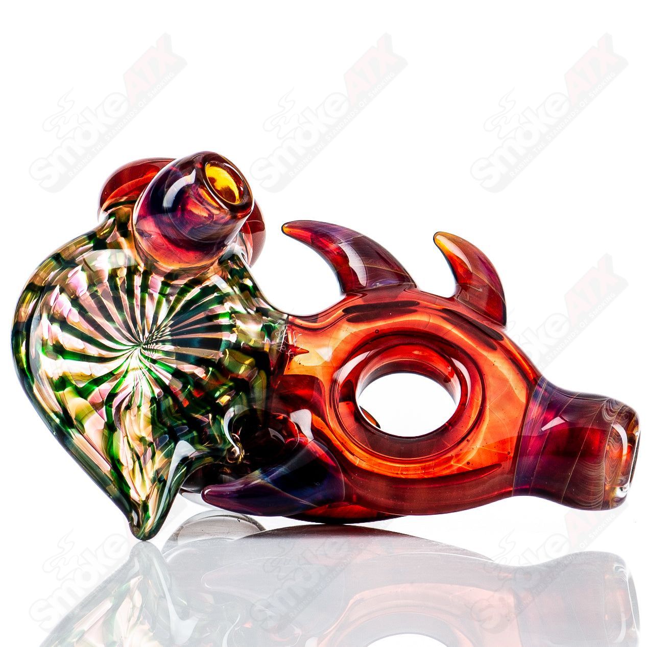 Piranha Hand Pipe by Dosh Glass, colorful heady glass hand pipe with detailed piranha design for smoking enjoyment