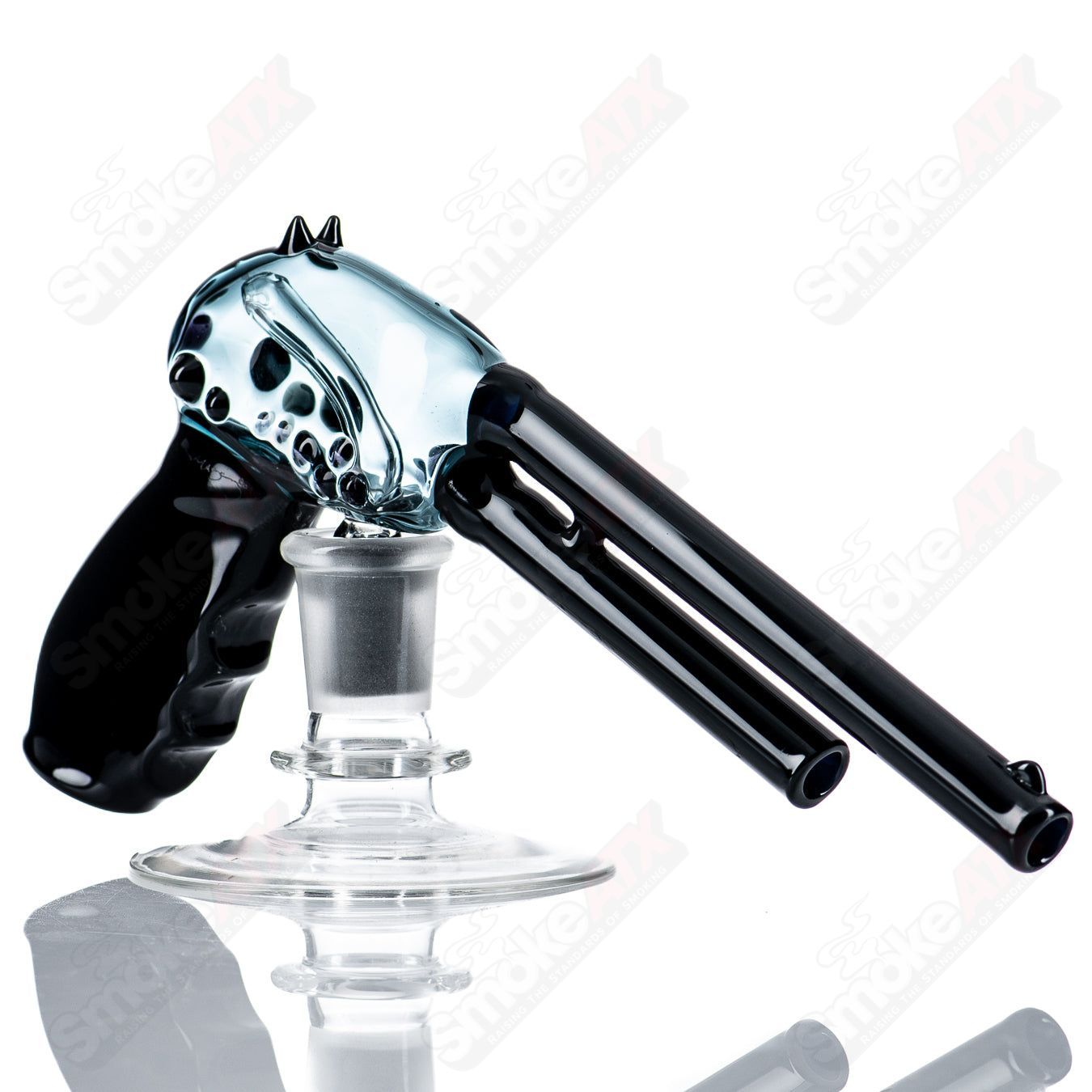 JMass Pistol Rig 2013 Heady Glass concentrate rig with detailed glasswork and a pistol-shaped design.