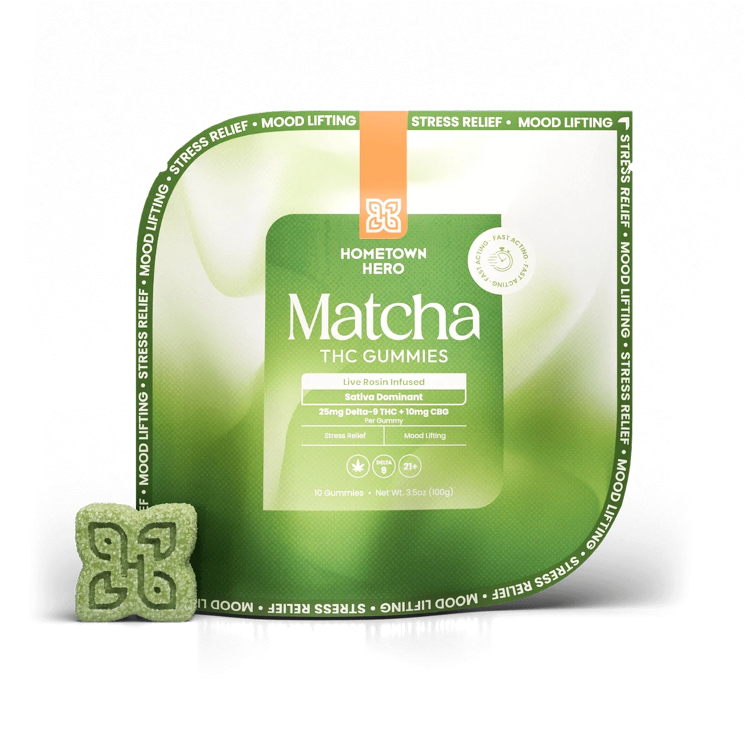 350mg Matcha Live Rosin Infused 25mgD9+10mgCBG Gummies Fast Acting Hometown Hero - Smoke ATX 