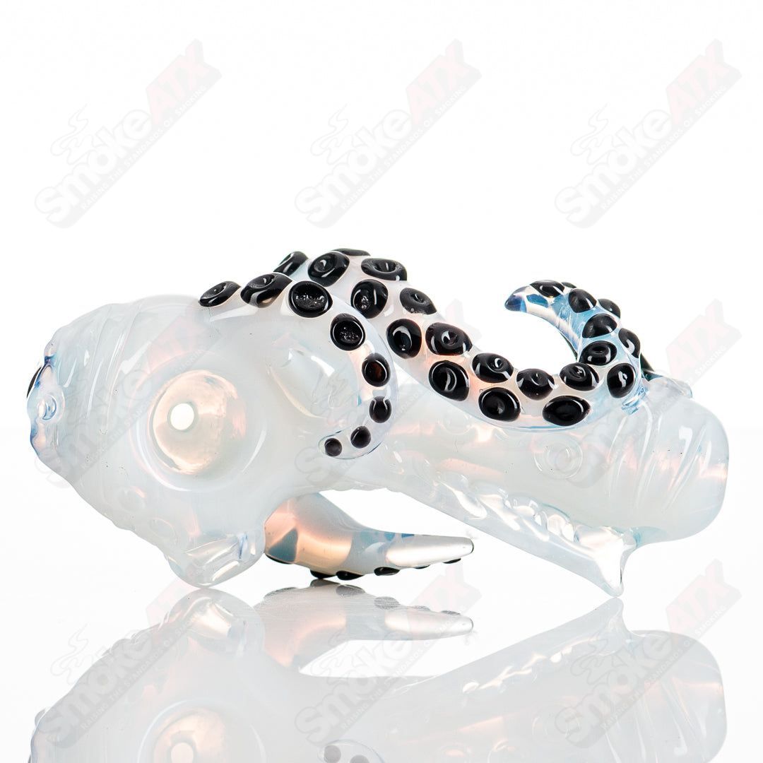 Hand pipe from Mako Glass's Seamonster Spoon series, featuring colorful, detailed heady glass design with a smooth bowl and intricate craftsmanship.