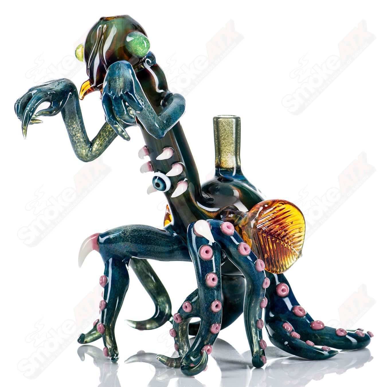 Salt Glass praying mantis rig Burtoni x SALT, heady glass concentrate rig with intricate praying mantis design and vibrant glass details.