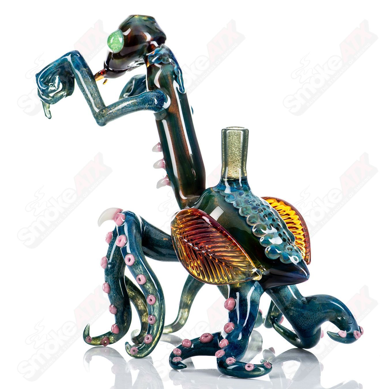 Salt Glass Praying Mantis Rig Burtoni x SALT, heady glass concentrate rig with intricate praying mantis design and vibrant colors.