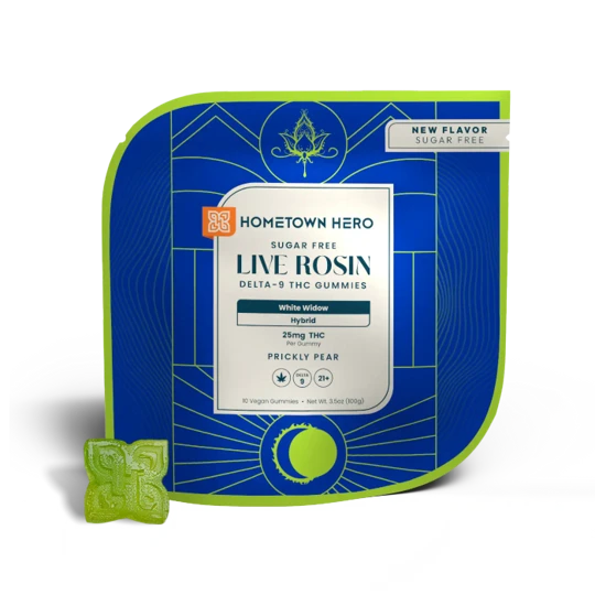 Prickly Pear White Widow Hybrid hemp THC edibles with sugar-free Delta-9 live rosin gummies by Hometown Hero.