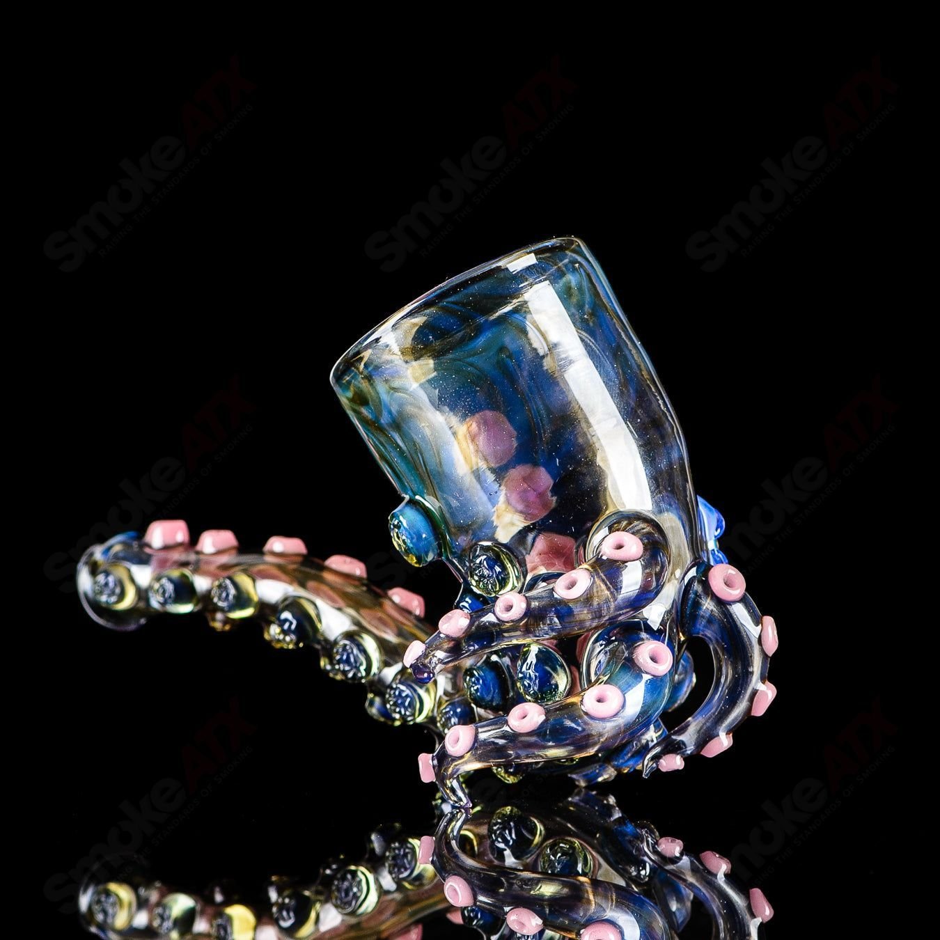 Salt Glass Proxy Sherlock hand pipe, clear glass with intricate design, compact and easy to grip, for dry herbs or tobacco.