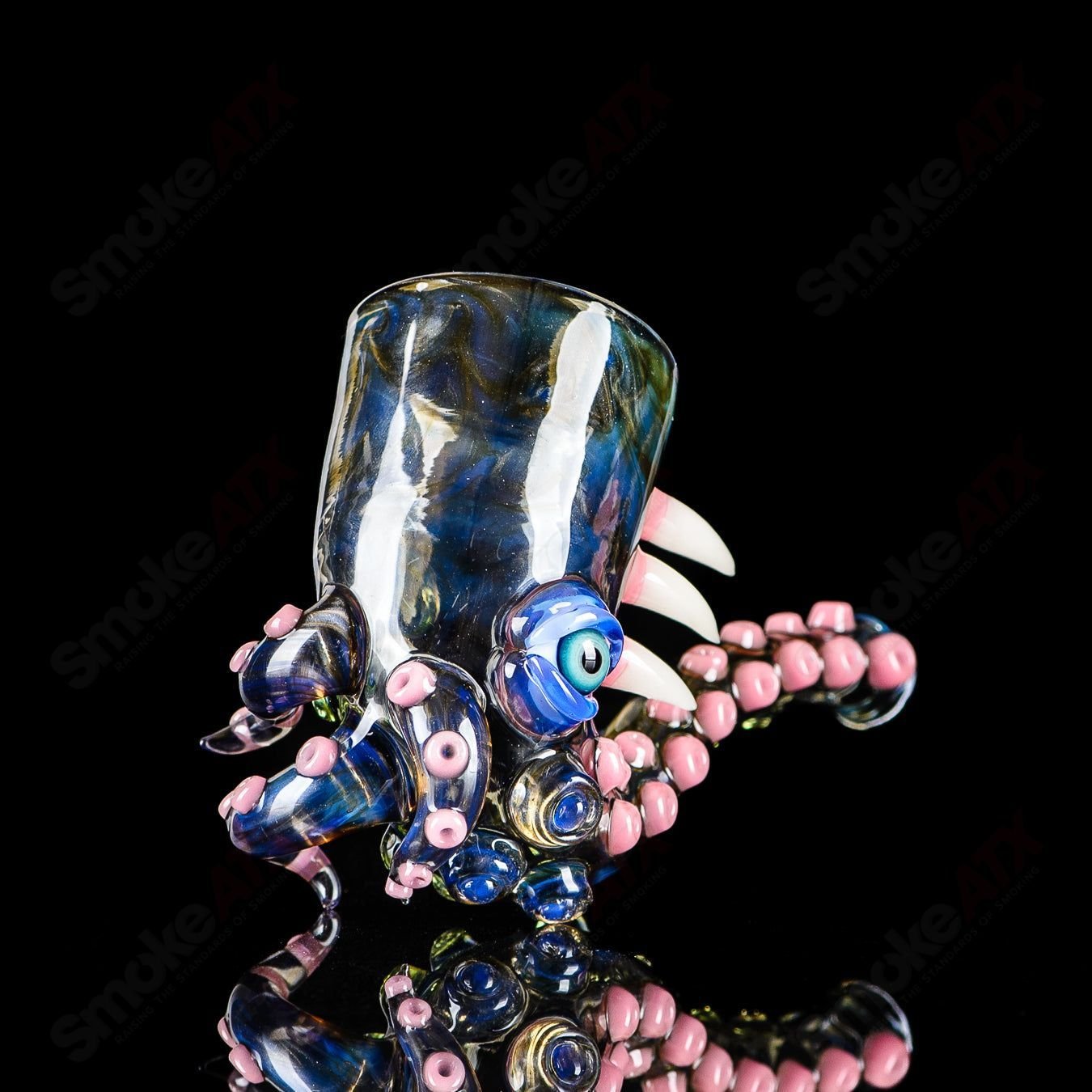Salt Glass Proxy Sherlock hand pipe, heady glass with intricate design, clear glass body, and functional pipe opening.
