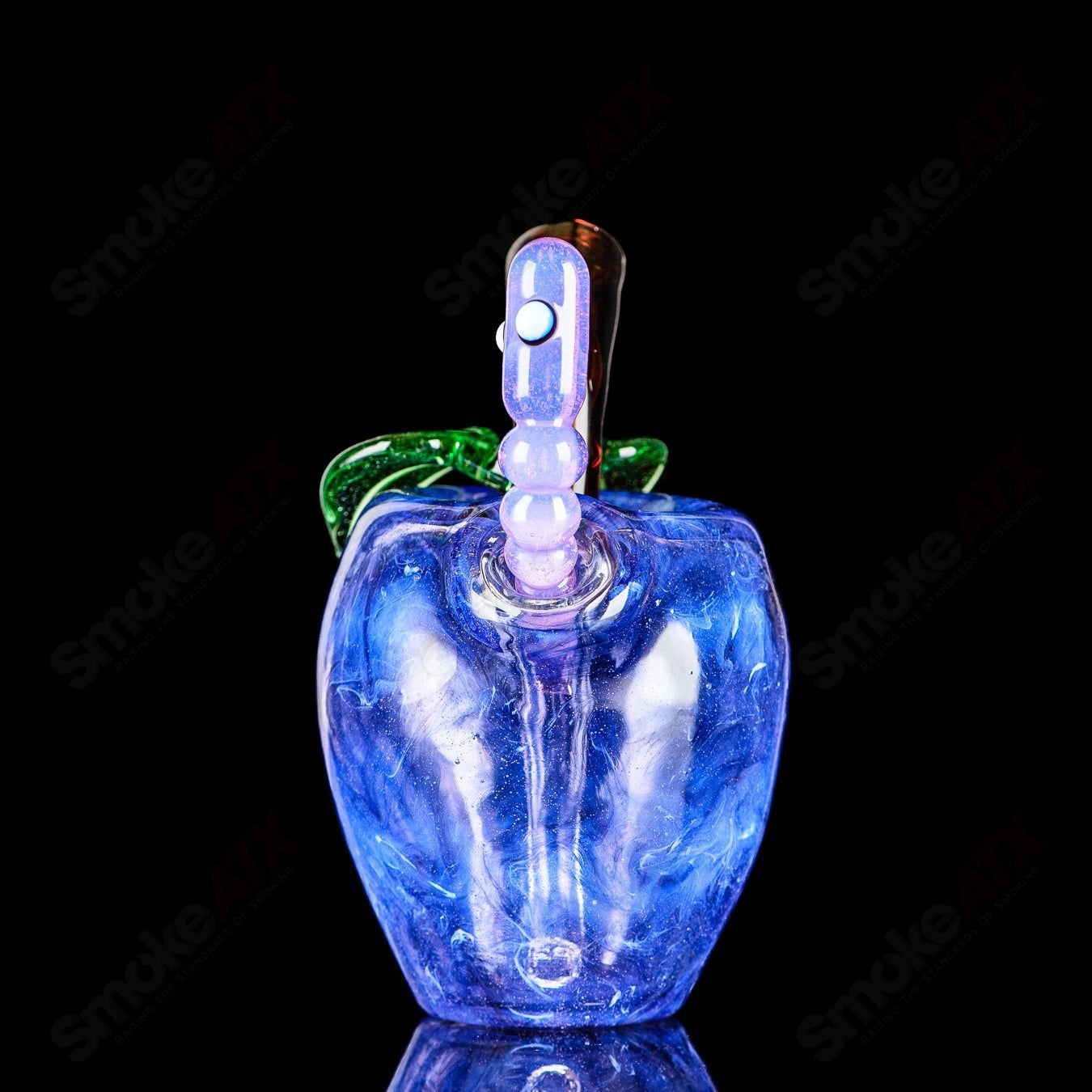 Purple Apple Rig with Worm Dabber in Pouch Glass heady concentrate rig for dabbing, featuring vibrant purple glass and detailed design