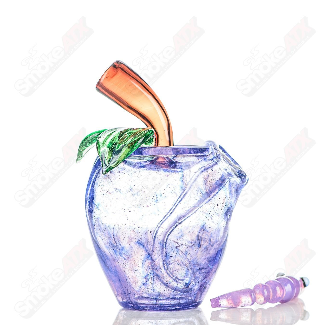 Purple Apple Rig with Worm Dabber and Pouch Glass, heady concentrate rig featuring vibrant purple glass and detailed dabber accessory.
