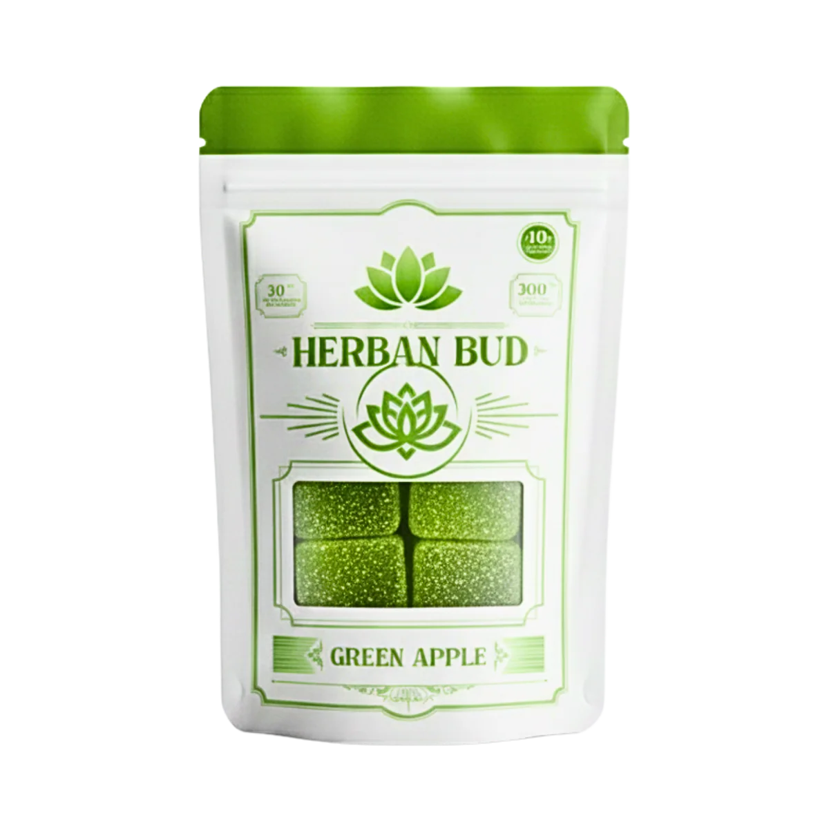 10-pack Green Apple D9 Gummies by Herban Bud, hemp THC edibles with vibrant green apple flavor on a white background.