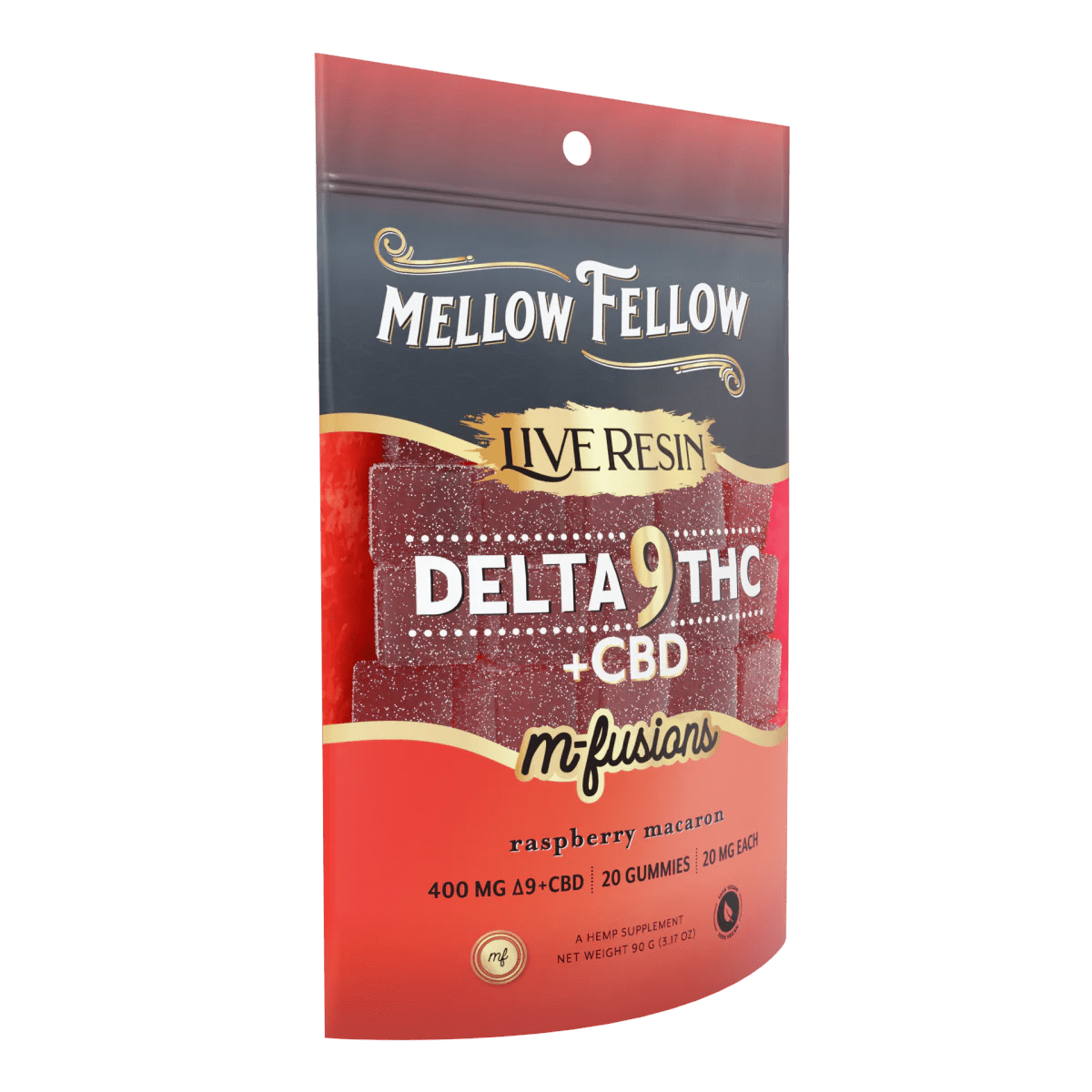 Raspberry macaron flavored hemp D9+CBD gummies by Mellow Fellow in a 20-count package, showcasing colorful gummies on a white background.