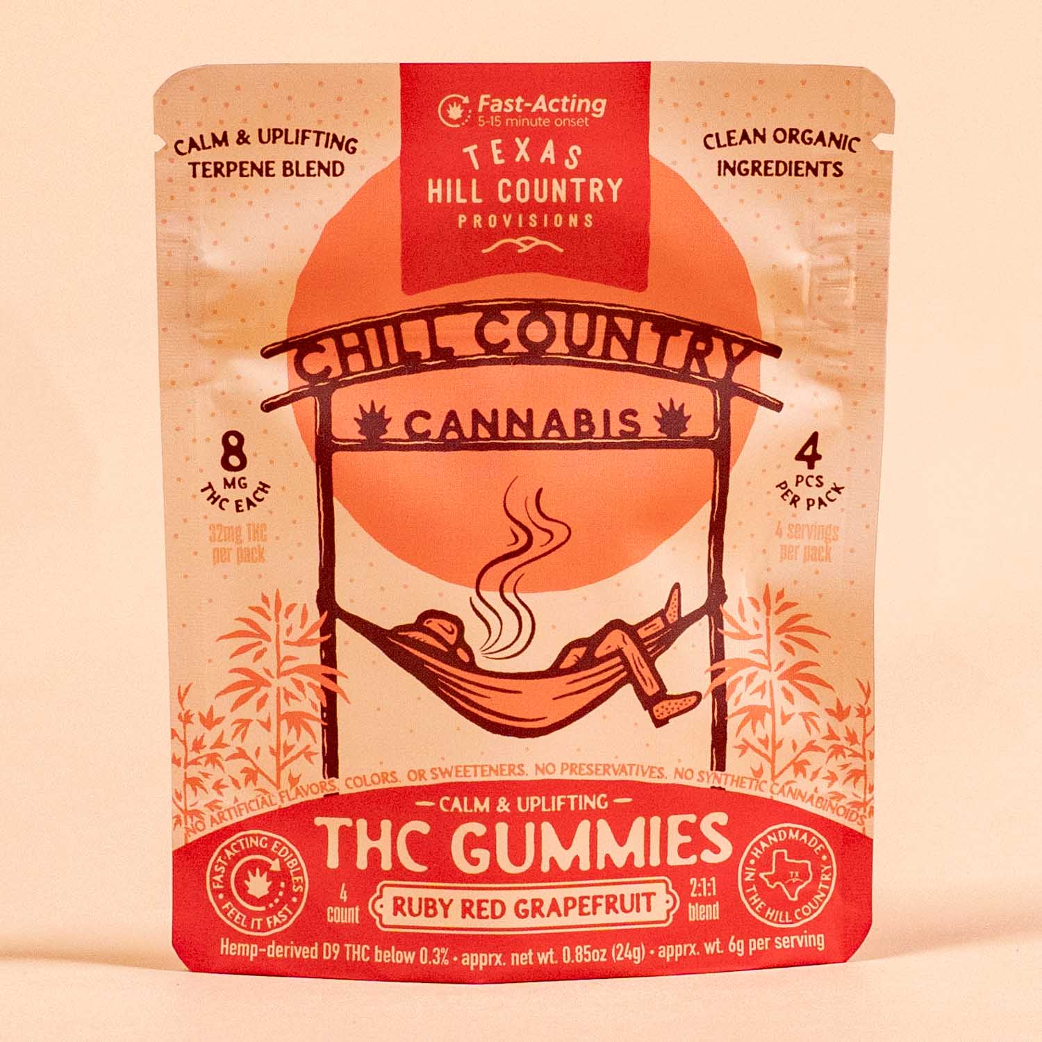 Four Ruby Red Grapefruit THC gummies from Chill Country, displayed in a colorful package with vibrant fruit imagery.