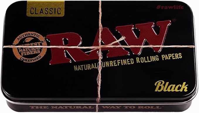 Black metal tin box for storage by RAW, designed for 420 products, with a sturdy and compact metal container.