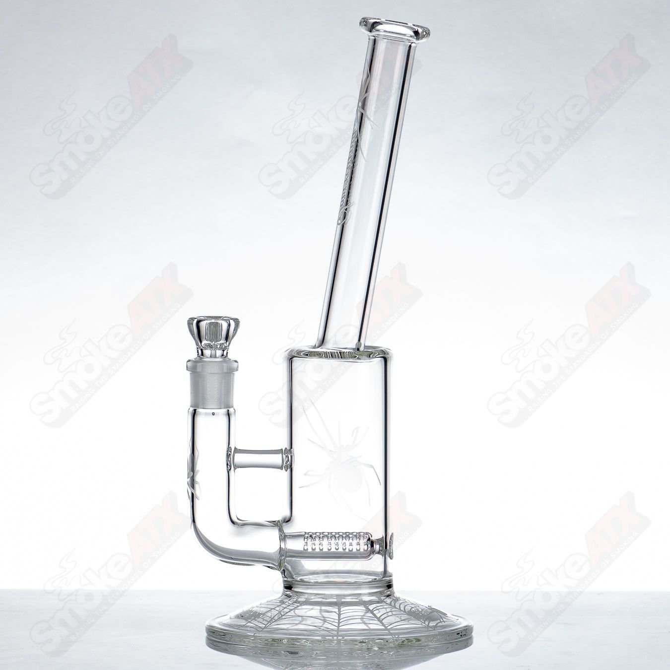 Sovereignty Glass Queen Stemline clear straight tube with bent neck and Halloween pattern design, detailed glass craftsmanship.