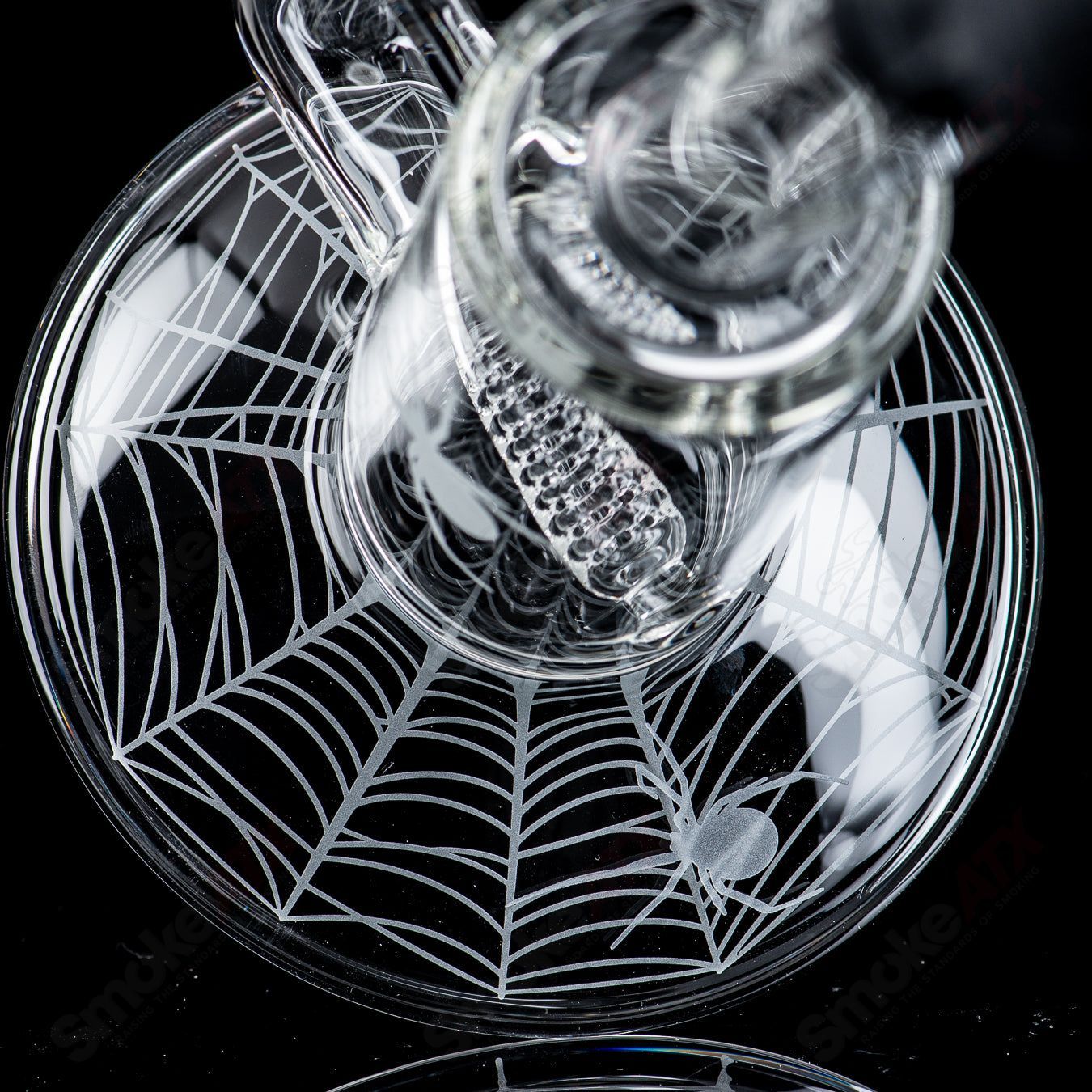 Clear Queen Stemline glass straight tube with bent neck and Halloween pattern by Sovereignty Glass, featuring festive design.