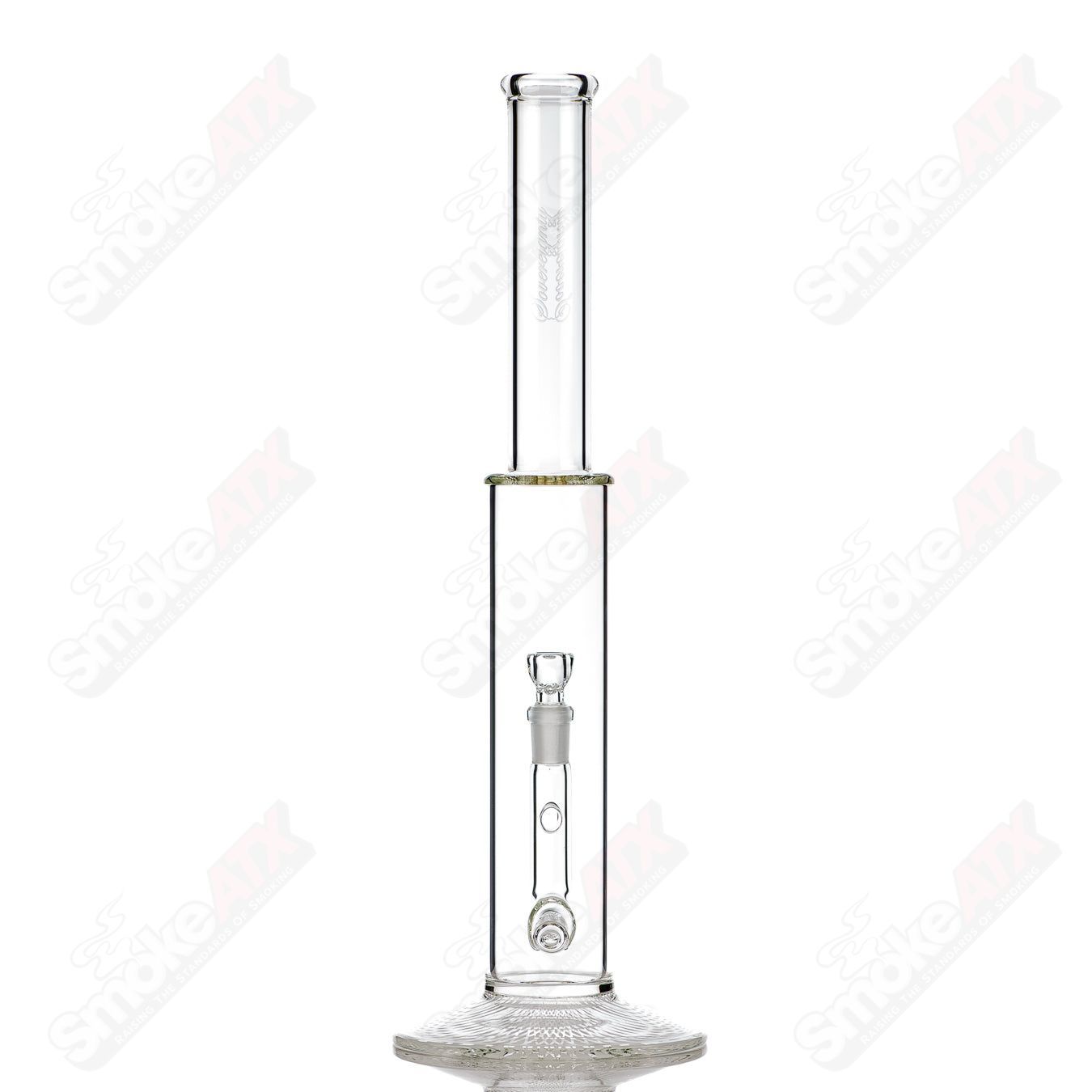 Sovereignty Glass Queen Stemline Clear straight tube with patterned foot, showcasing a sleek design and intricate glass details.