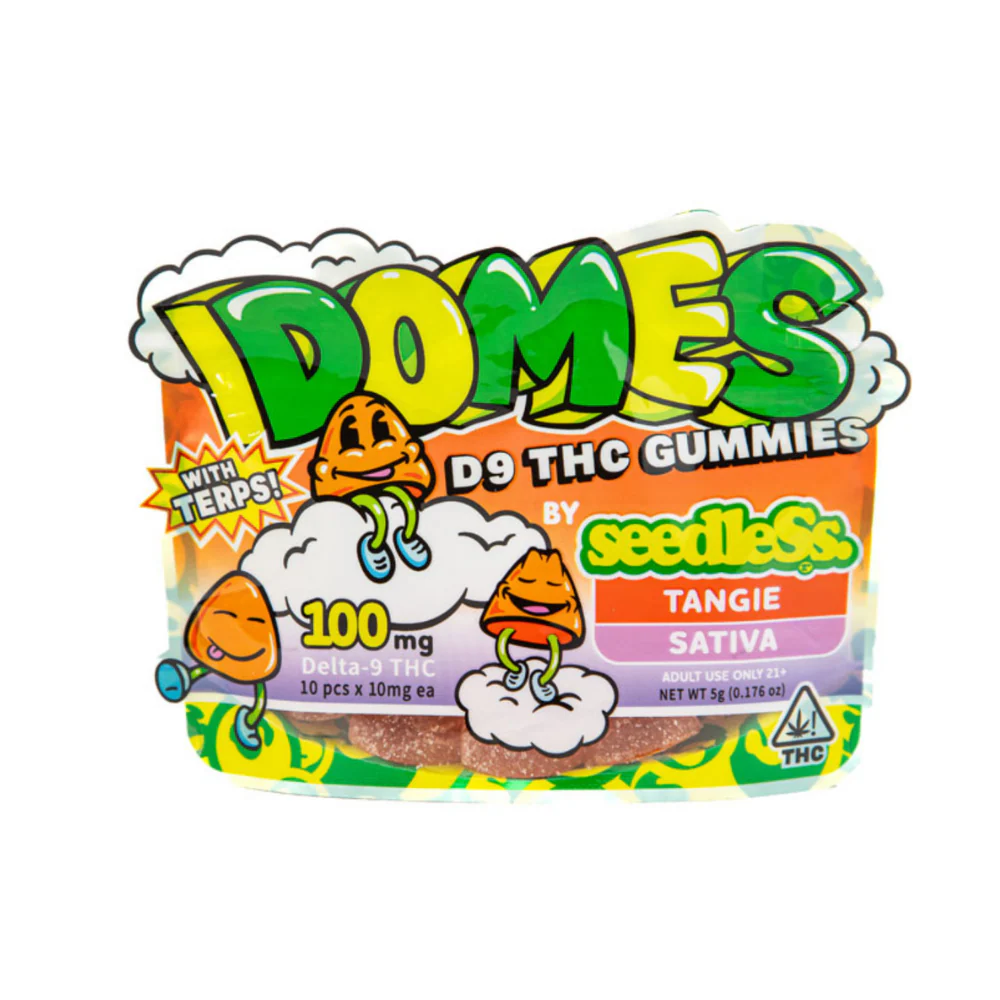 100mg Domes D9 THC Gummies in Tangie flavor, Sativa edibles by Seedless, showcasing colorful gummy shapes.
