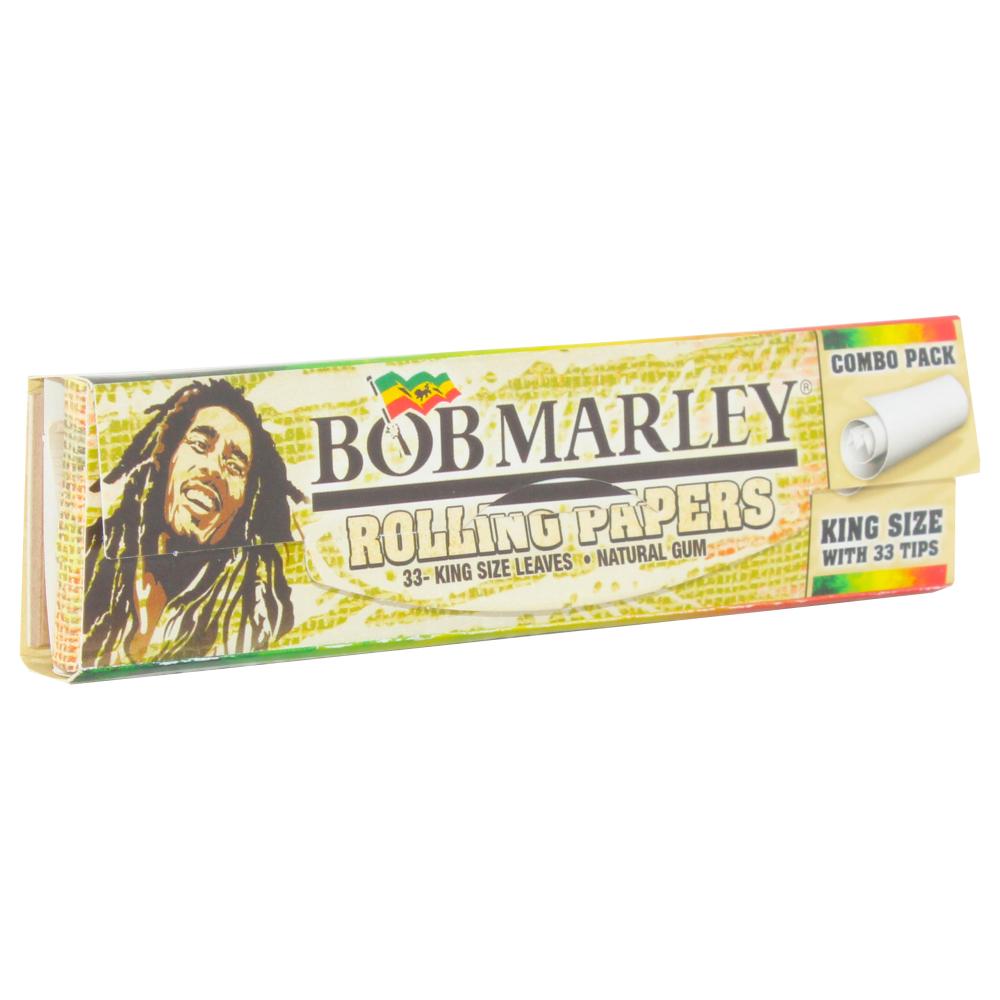 King size organic hemp Bob Marley rolling papers with tips, featuring vibrant Marley branding and natural paper texture.