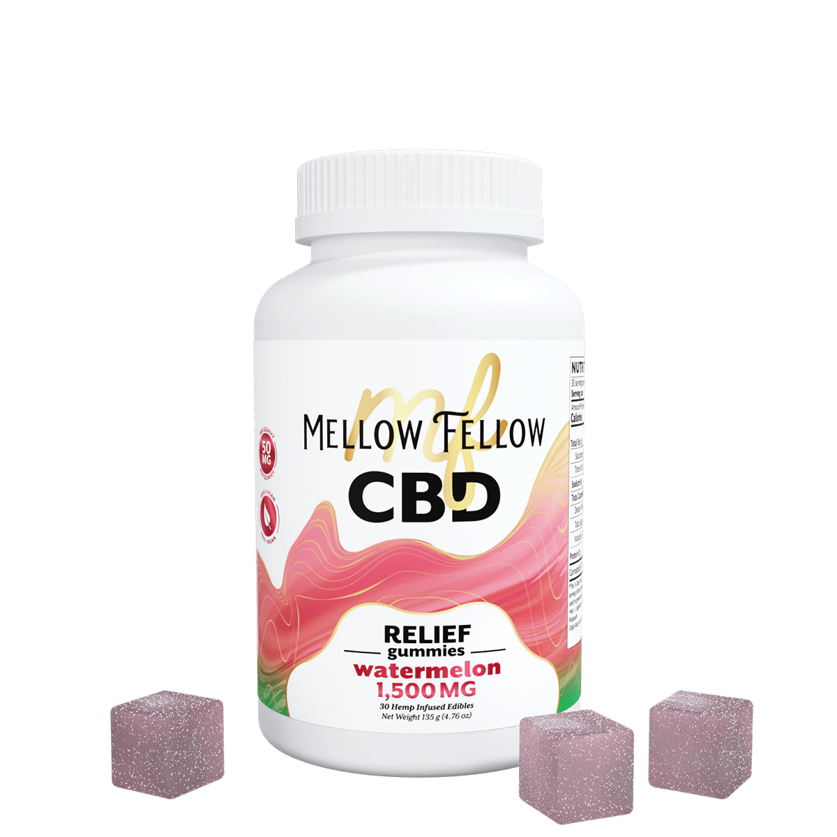 Mellow Fellow Watermelon CBD relief gummies in a 30-count hemp edibles package, showcasing colorful watermelon-shaped gummies.