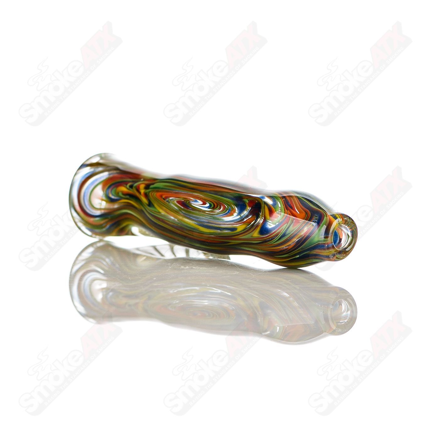Rainbow-colored worked glass chillum with clear horn accent, signed by JMK Glass, showcasing vibrant craftsmanship.