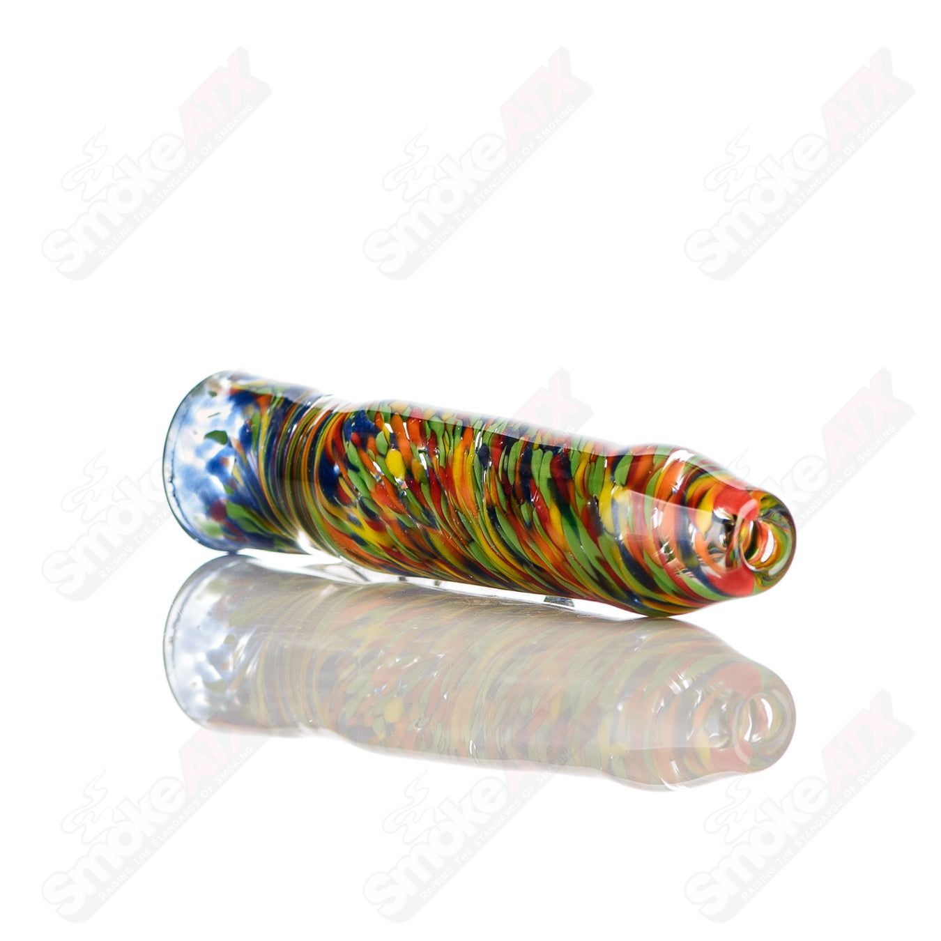 JMK Glass rainbow confetti frit chillum with clear horn, signed and handcrafted for a colorful smoking accessory.