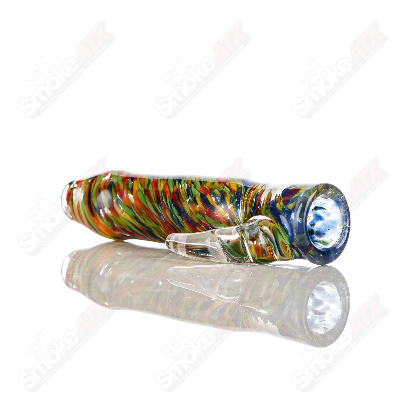 JMK Glass Rainbow Confetti Frit Chillum with clear horn, signed, featuring colorful rainbow confetti and intricate glass design.