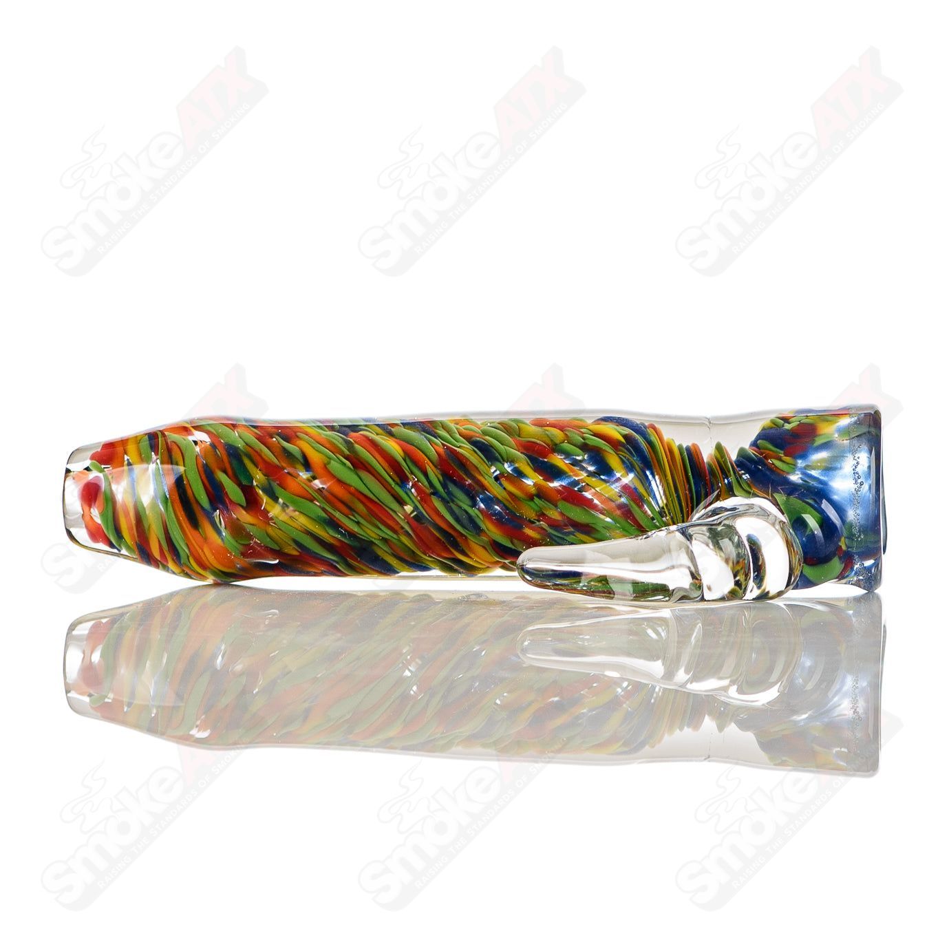 Rainbow confetti frit chillum with clear horn detail, signed by JMK Glass, showcasing vibrant glass art and intricate design.
