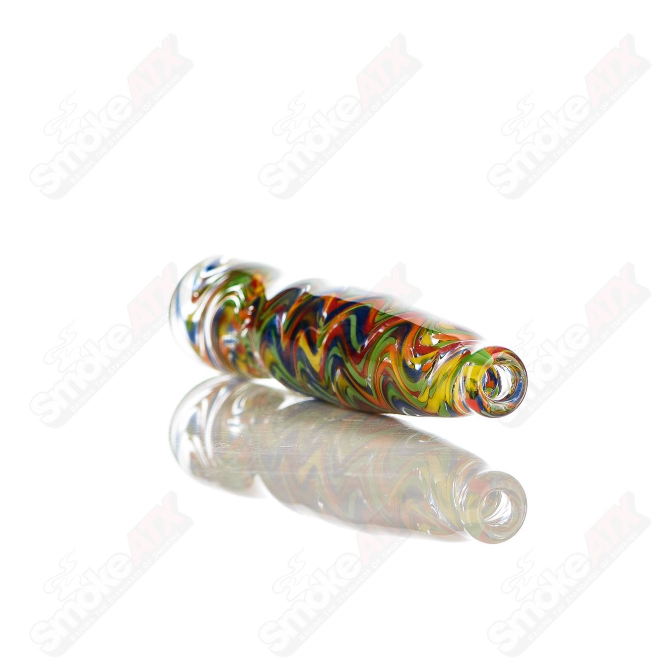 Rainbow confetti wave chillum by JMK Glass featuring a clear dot signature, made of glass for smooth smoking experience.