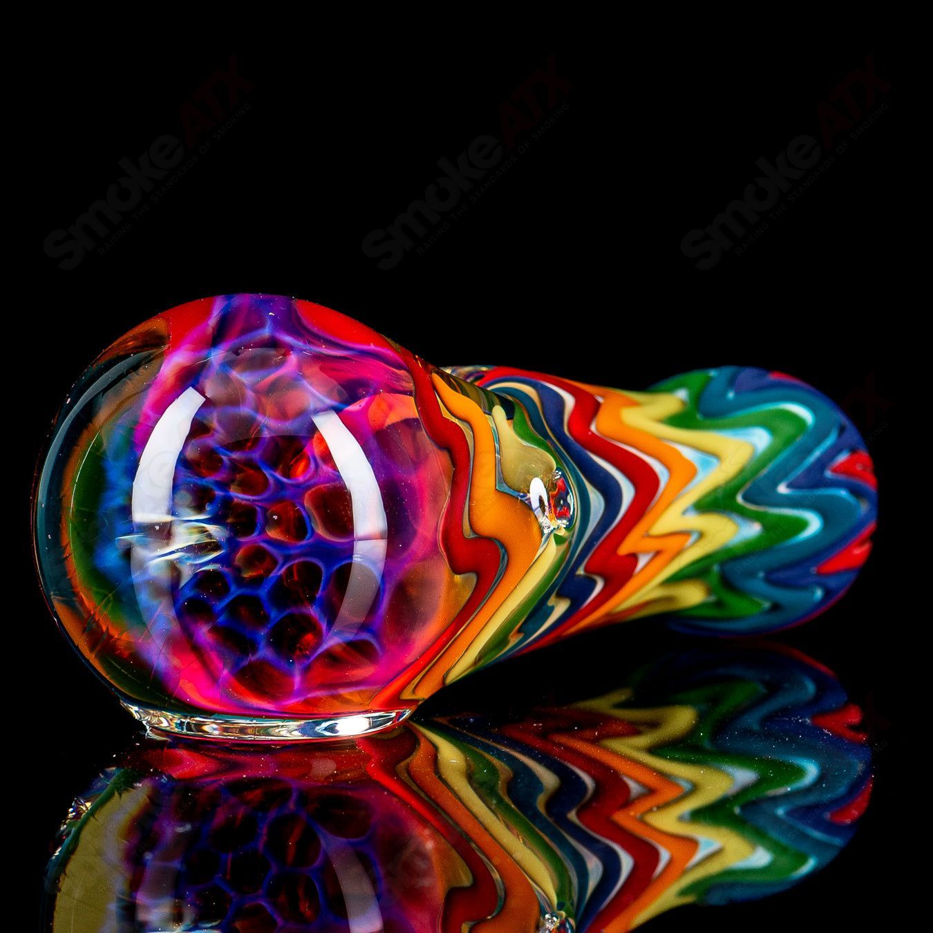 Colorful rainbow dichro line work glass spoon pipe with honeycomb cap by Shane Smith, showcasing intricate design and vibrant glass craftsmanship.